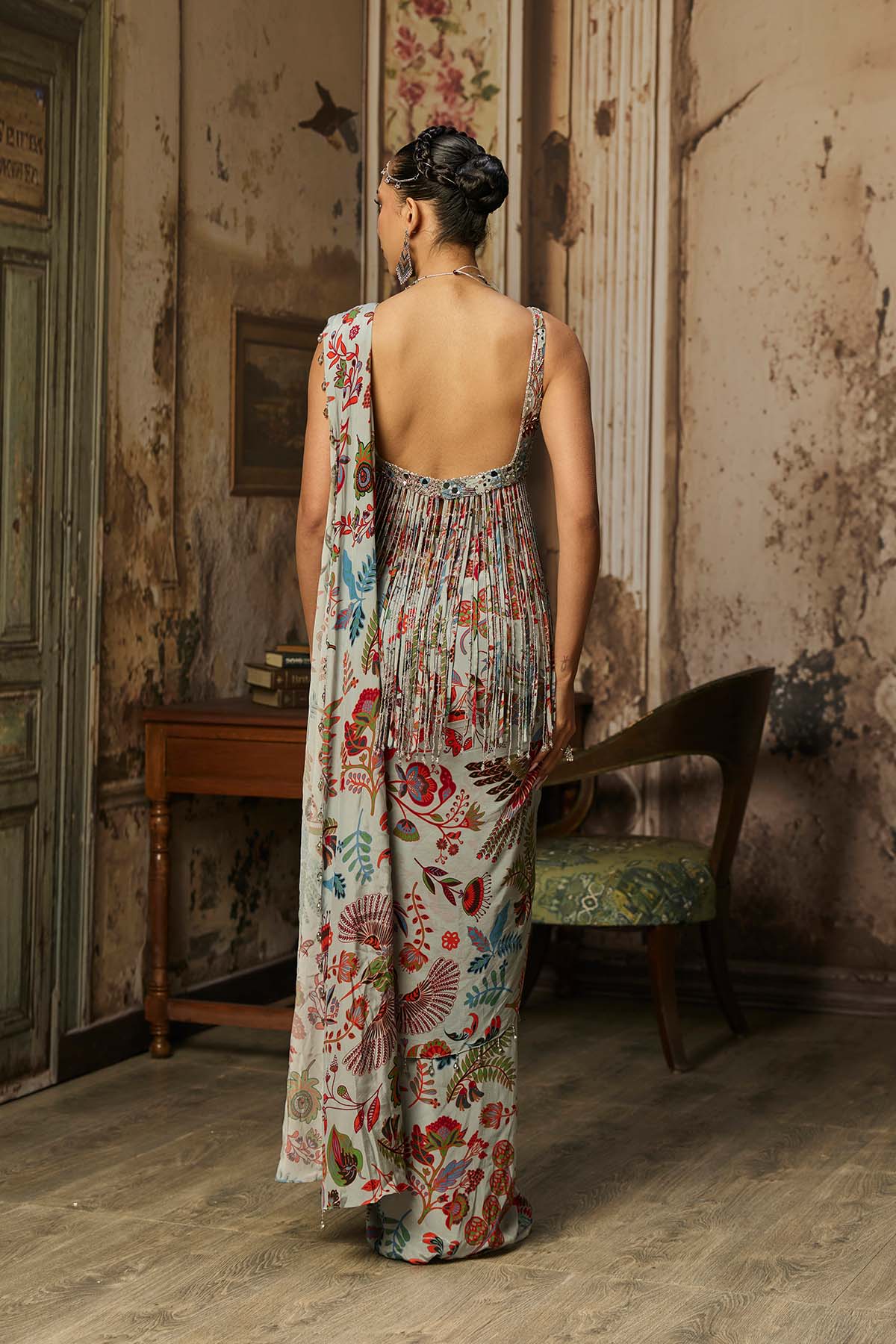 SLATE GREY PRINTED AND HIGHLIGHTED DHOTI SKIRT SAREE SET