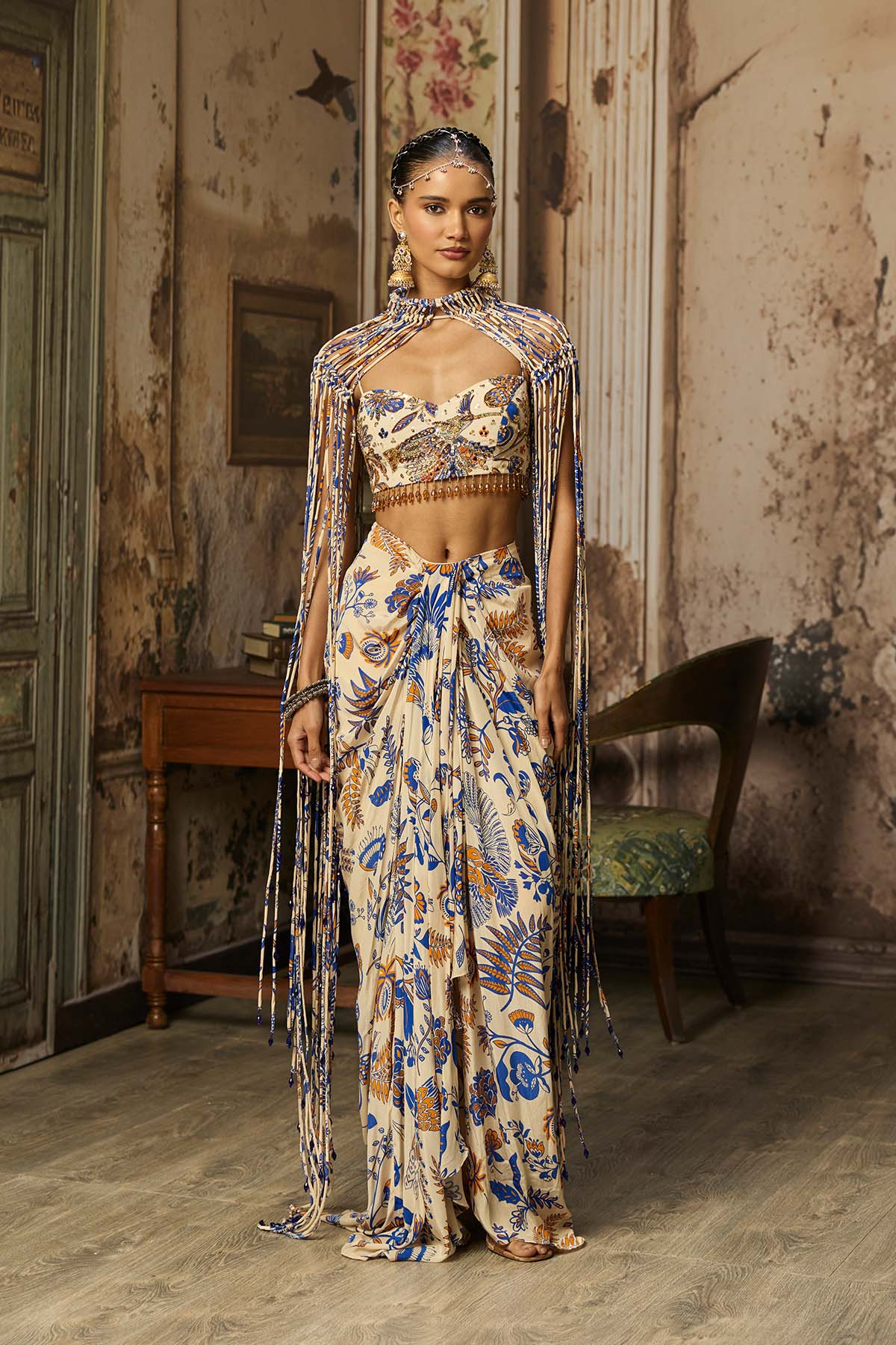 IVORY PRINTED AND HIGHLIGHTED BLOUSE WITH FRINGE JACKET & SKIRT SET