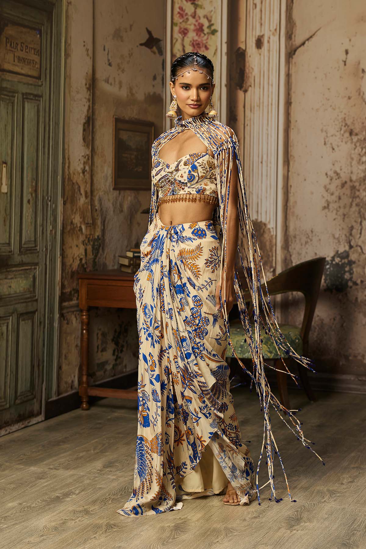 IVORY PRINTED AND HIGHLIGHTED BLOUSE WITH FRINGE JACKET & SKIRT SET