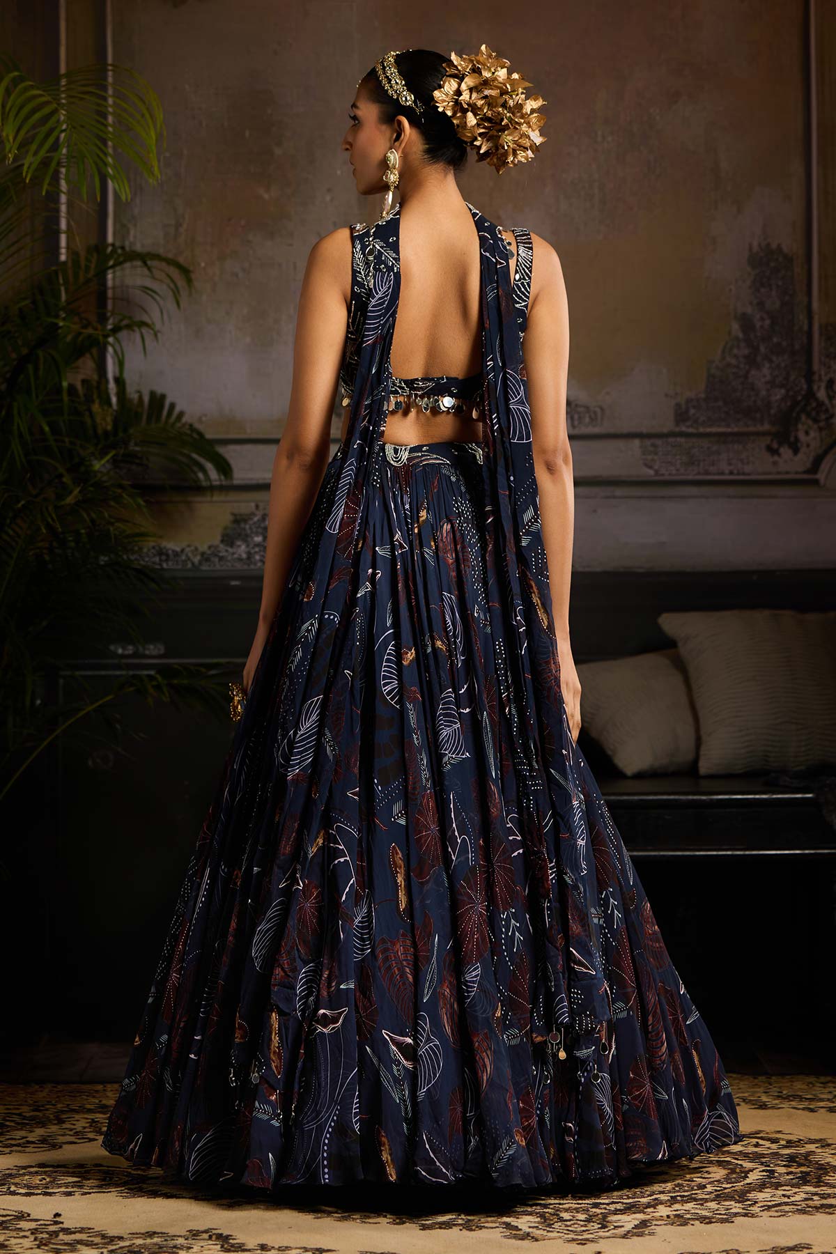Dark Blue Print and Embroidered Lehenga Set