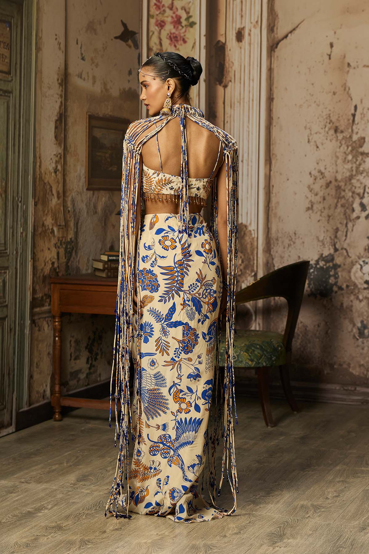 IVORY PRINTED AND HIGHLIGHTED BLOUSE WITH FRINGE JACKET & SKIRT SET