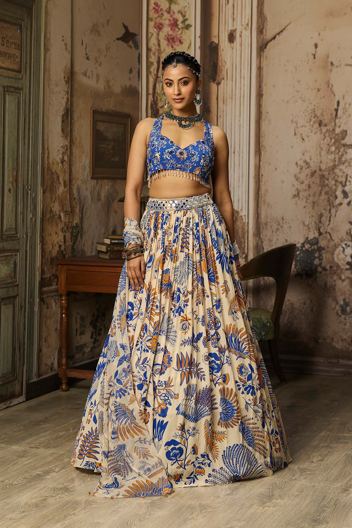 IVORY PRINTED AND HIGHLIGHTED LEHENGA SET