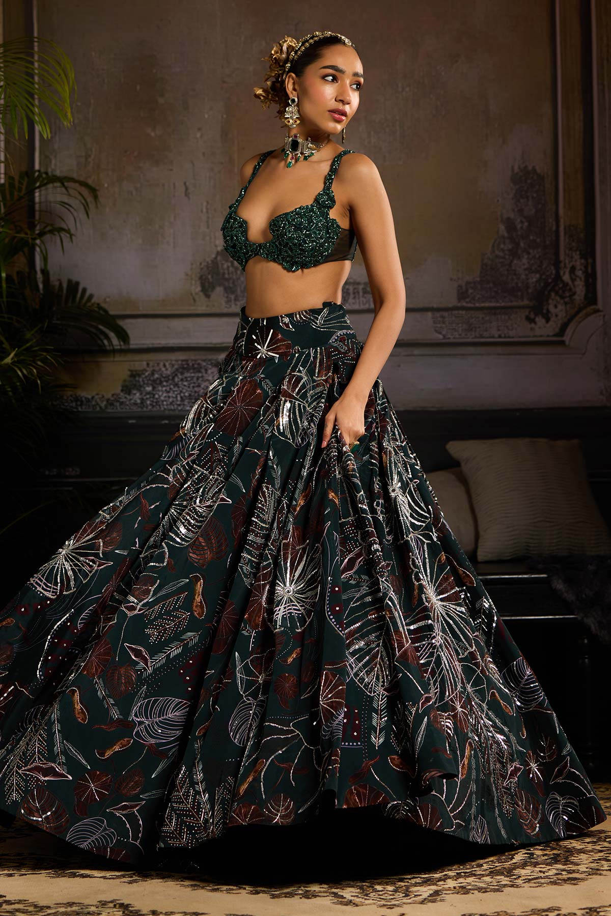 DARK GREEN PRINT AND HIGHLIGHTED LEHENGA SET