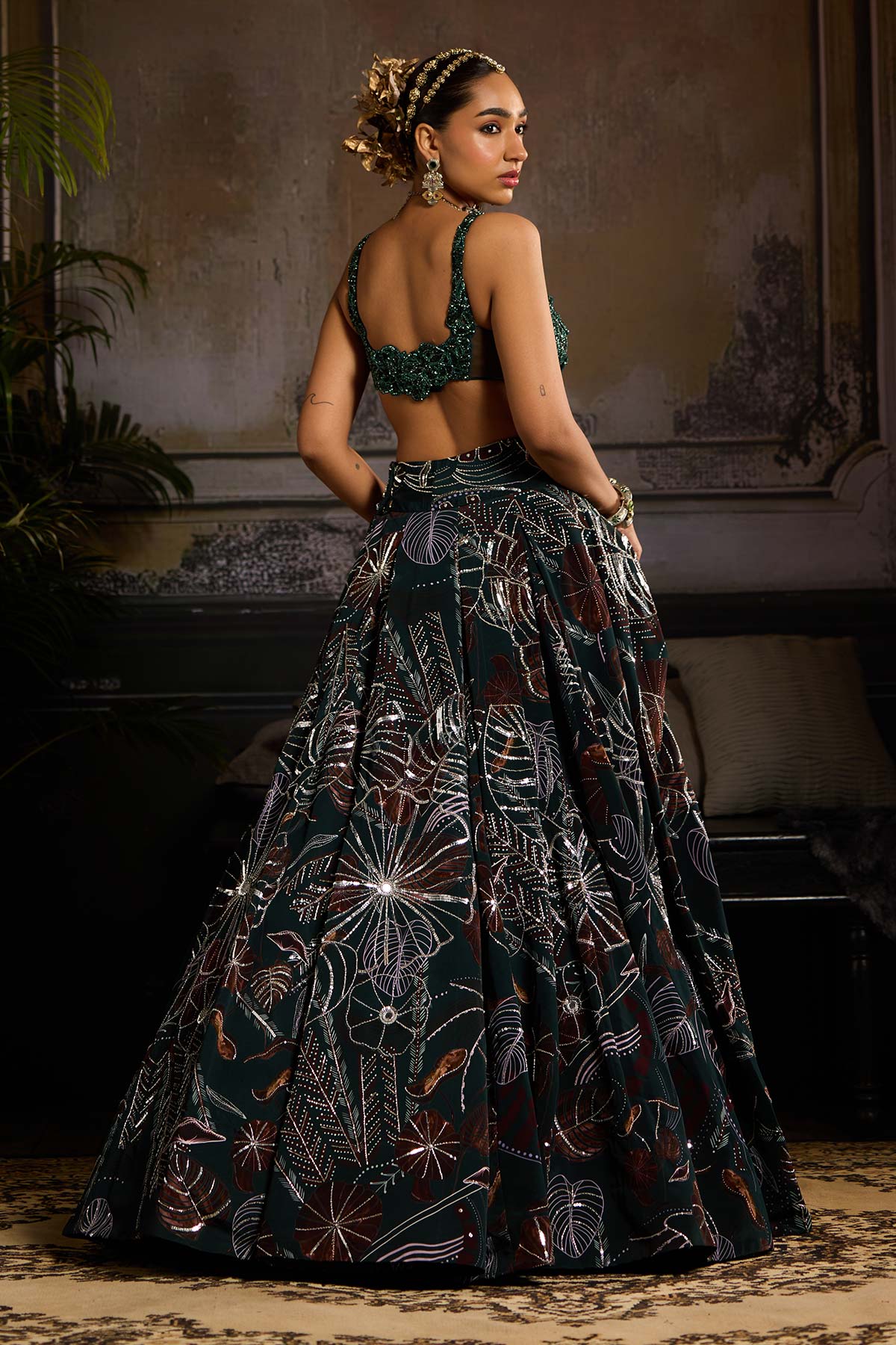 DARK GREEN PRINT AND HIGHLIGHTED LEHENGA SET