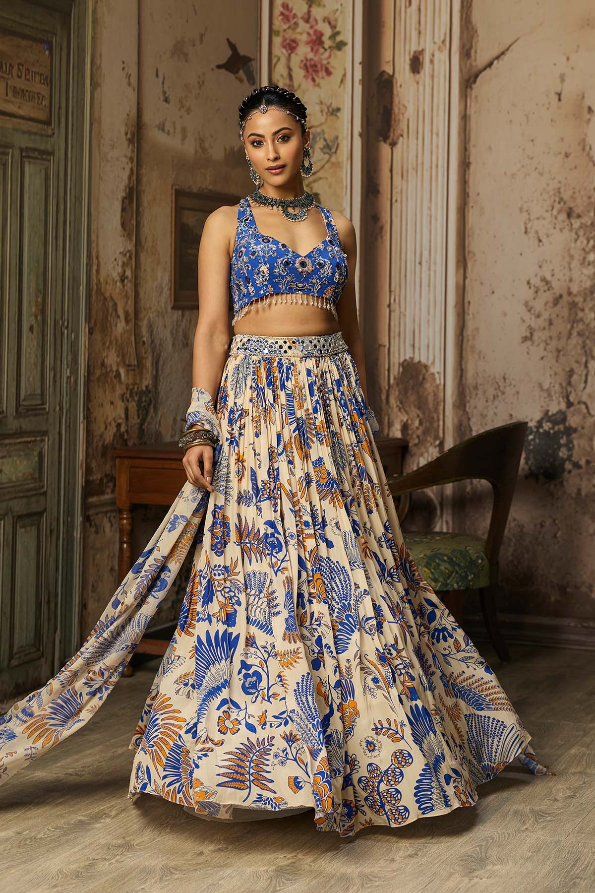 IVORY PRINTED AND HIGHLIGHTED LEHENGA SET