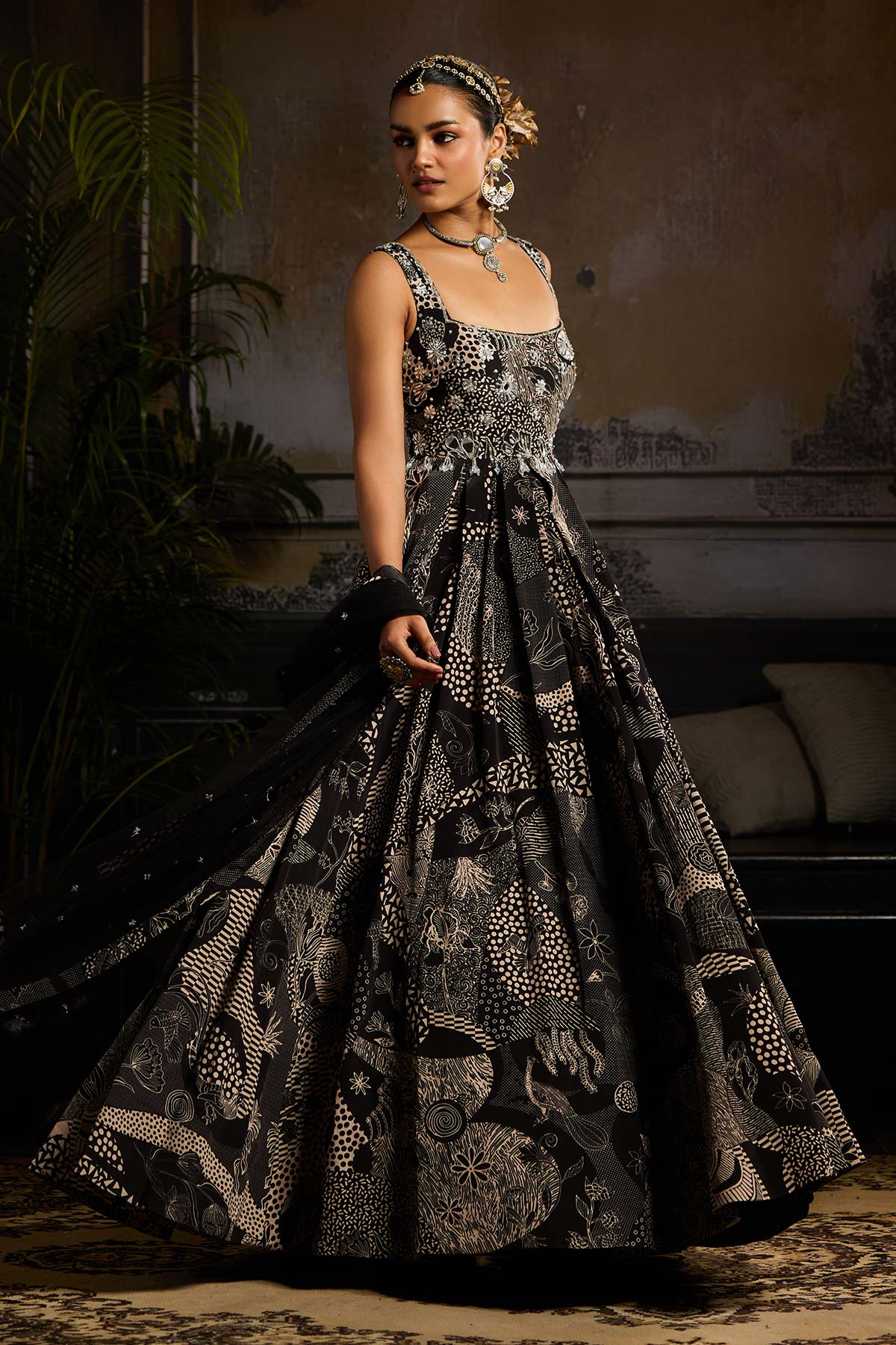 Black Print and Highlighted Anarkali Set