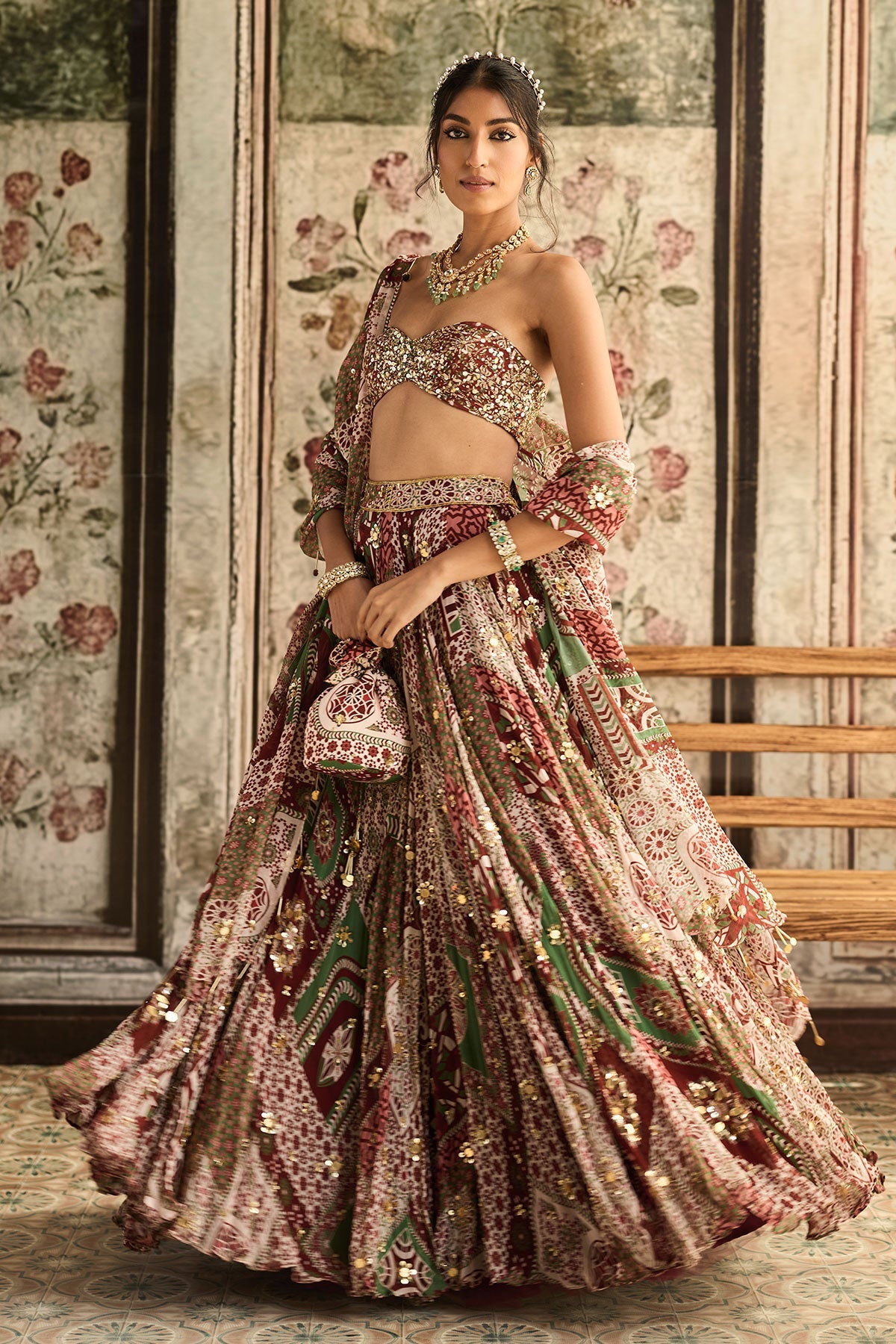 Sage-Maroon Print And Highlighted Strapless Blouse With Lehenga Set