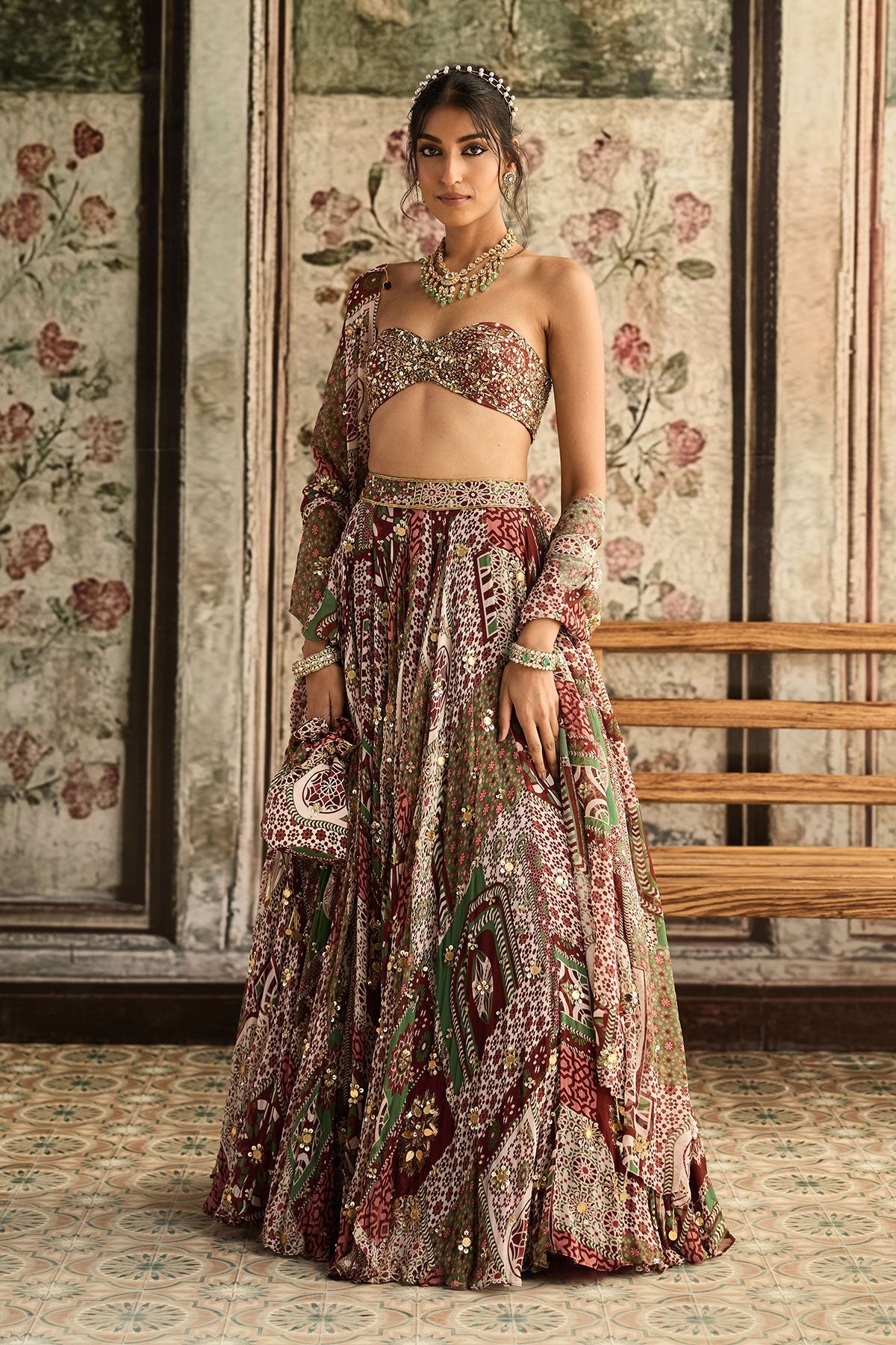 Sage-Maroon Print And Highlighted Strapless Blouse With Lehenga Set