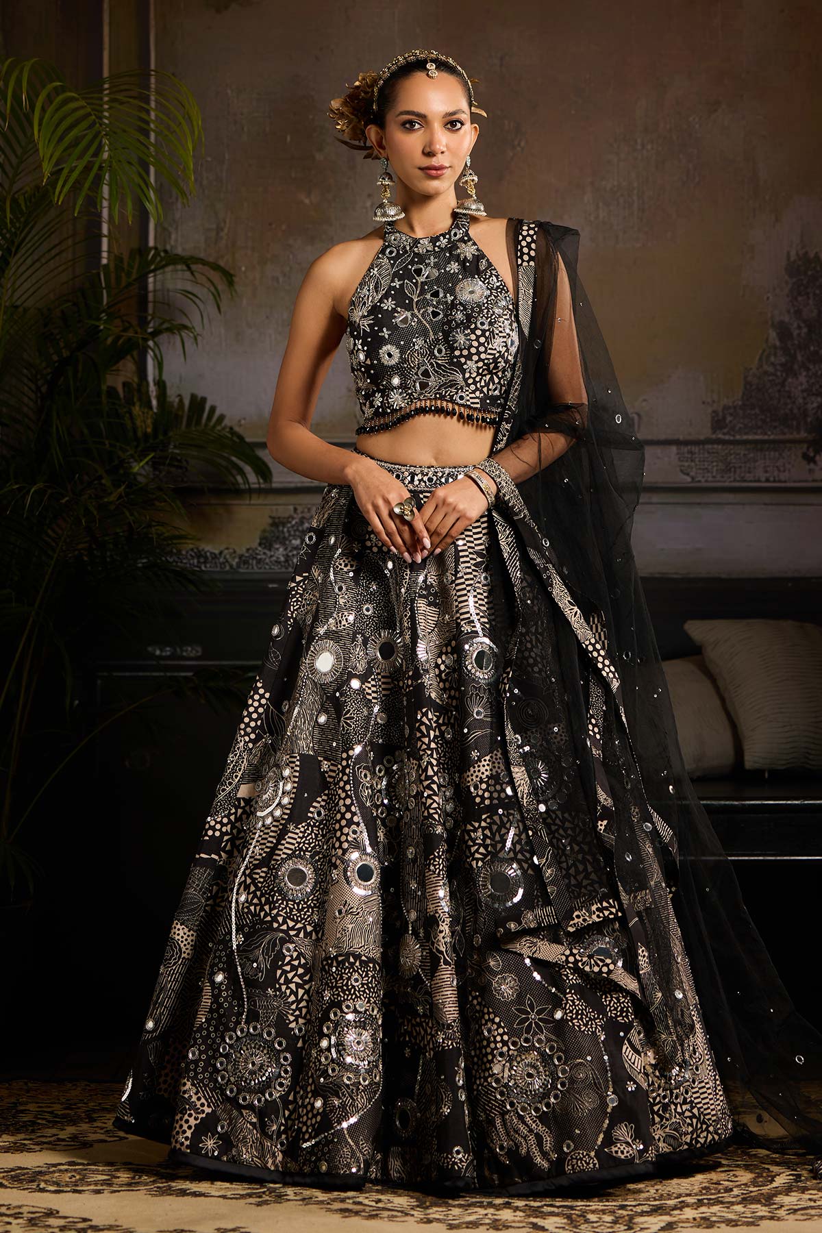 Black Print and Highlighted Lehenga Set