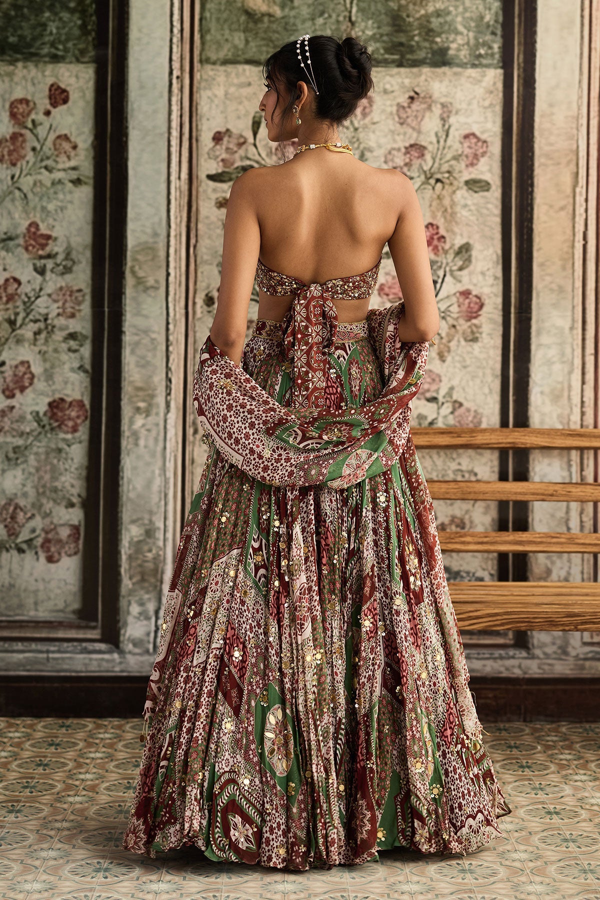 Sage-Maroon Print And Highlighted Strapless Blouse With Lehenga Set