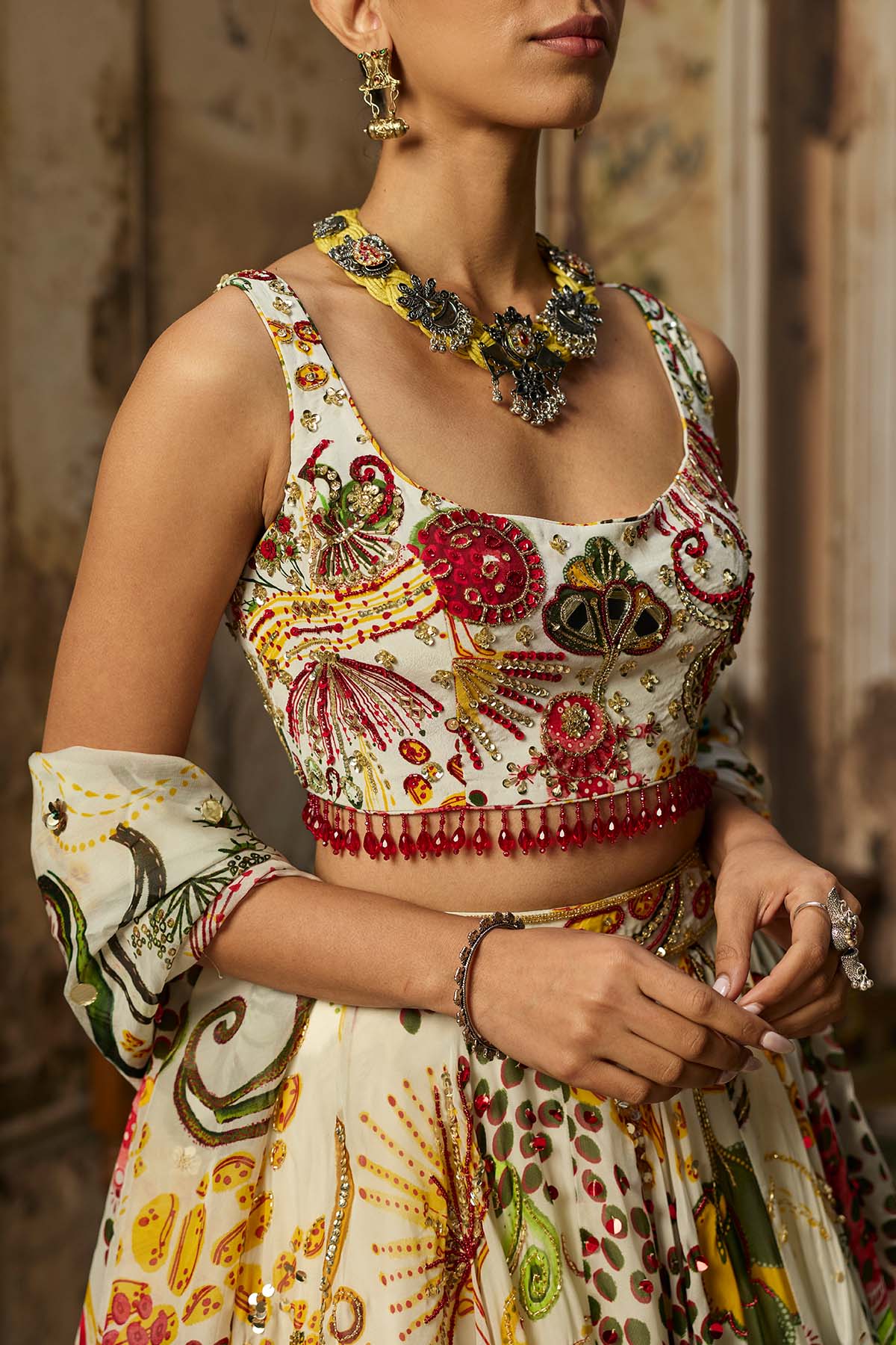 IVORY PRINT AND HIGHLIGHTED LEHENGA SET