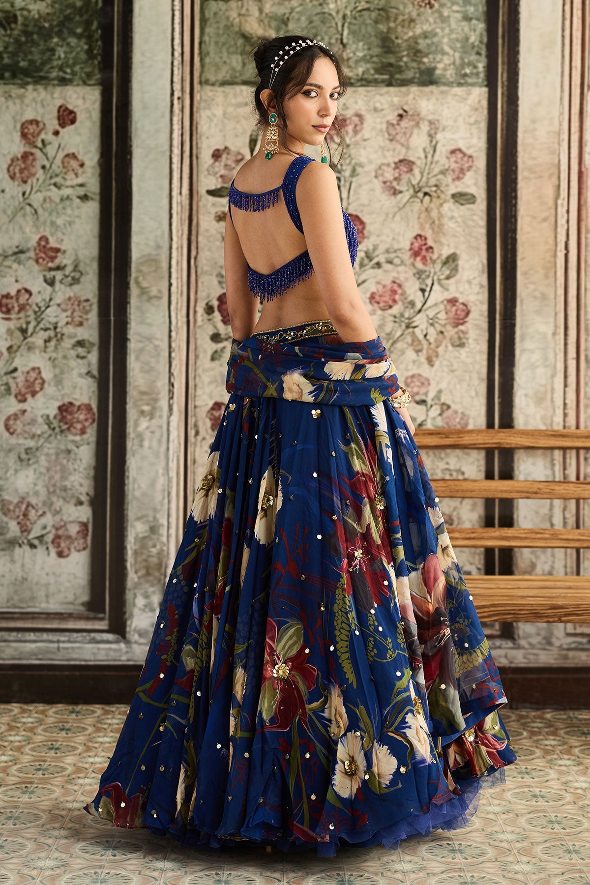 Blue Floral Print And Highlighted Lehenga Set
