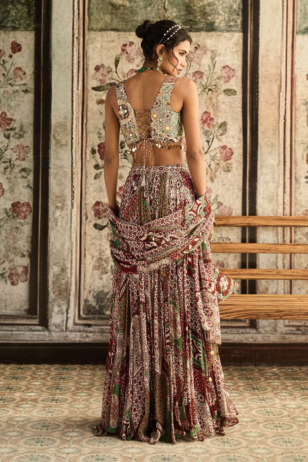 Sage-Maroon Printed Lehenga Set