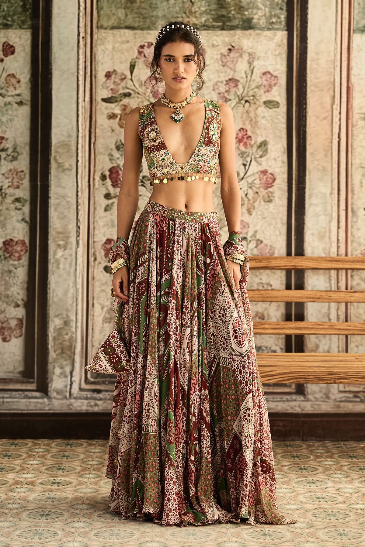 Sage-Maroon Printed Lehenga Set