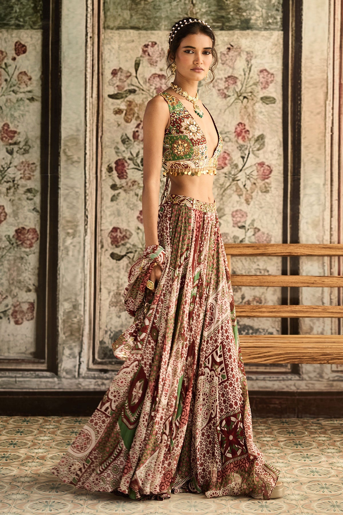 Sage-Maroon Printed Lehenga Set