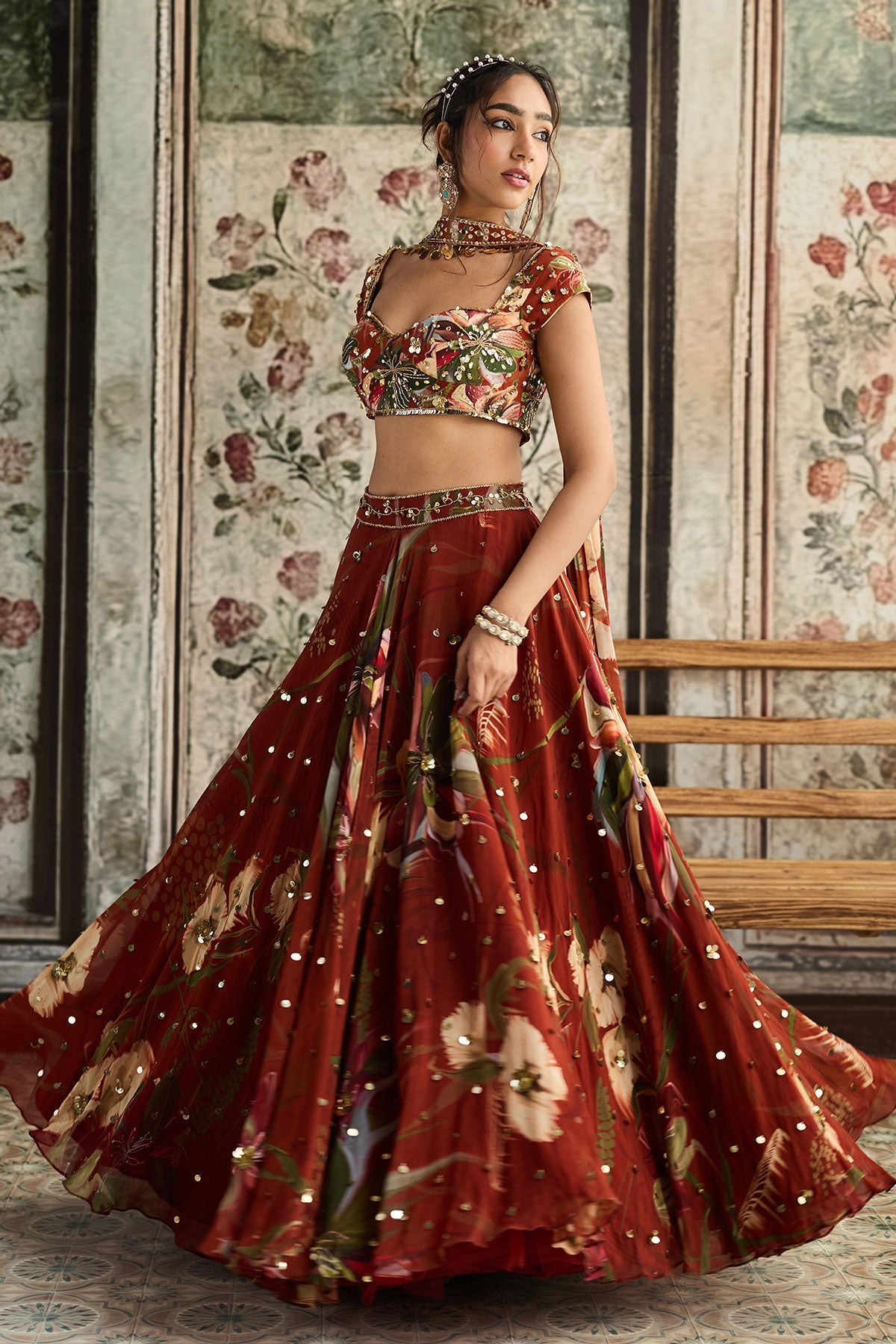 Rust Floral Print And Highlighted Lehenga Set