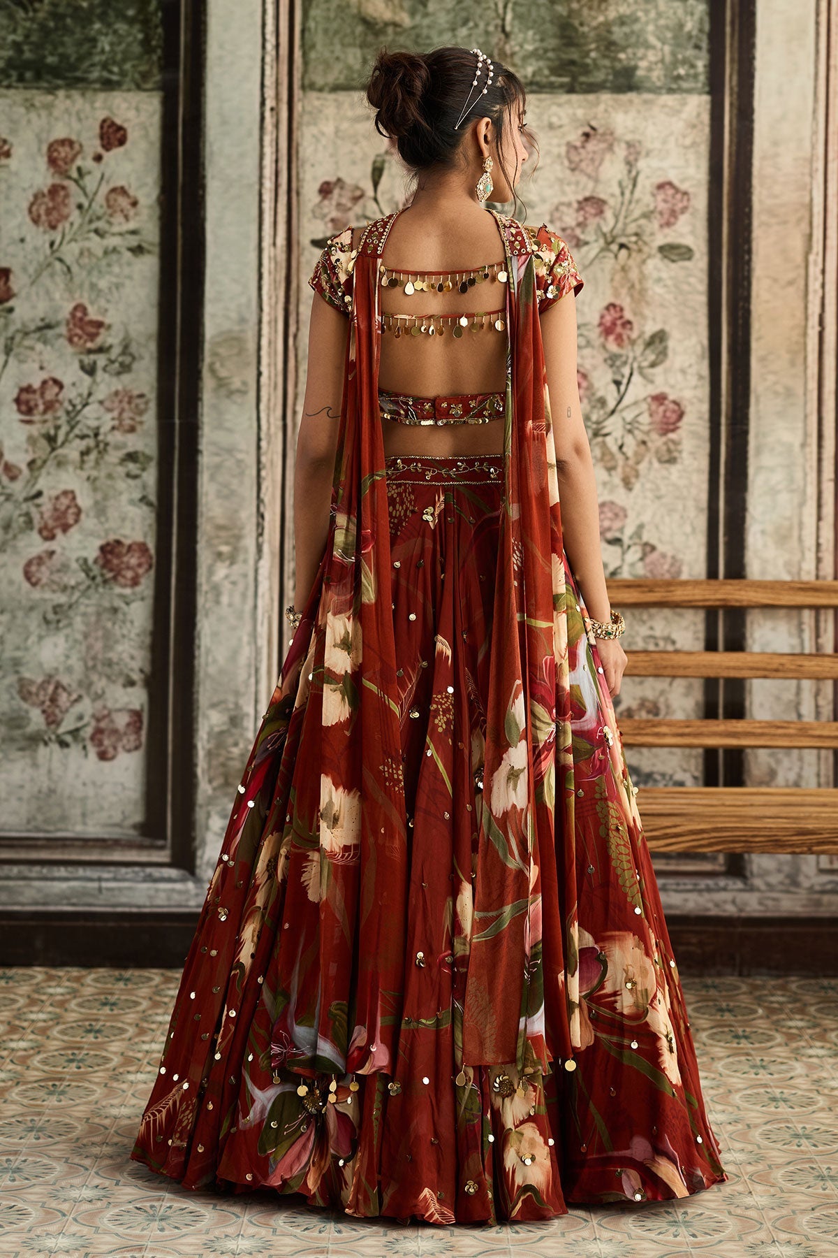 Rust Floral Print And Highlighted Lehenga Set