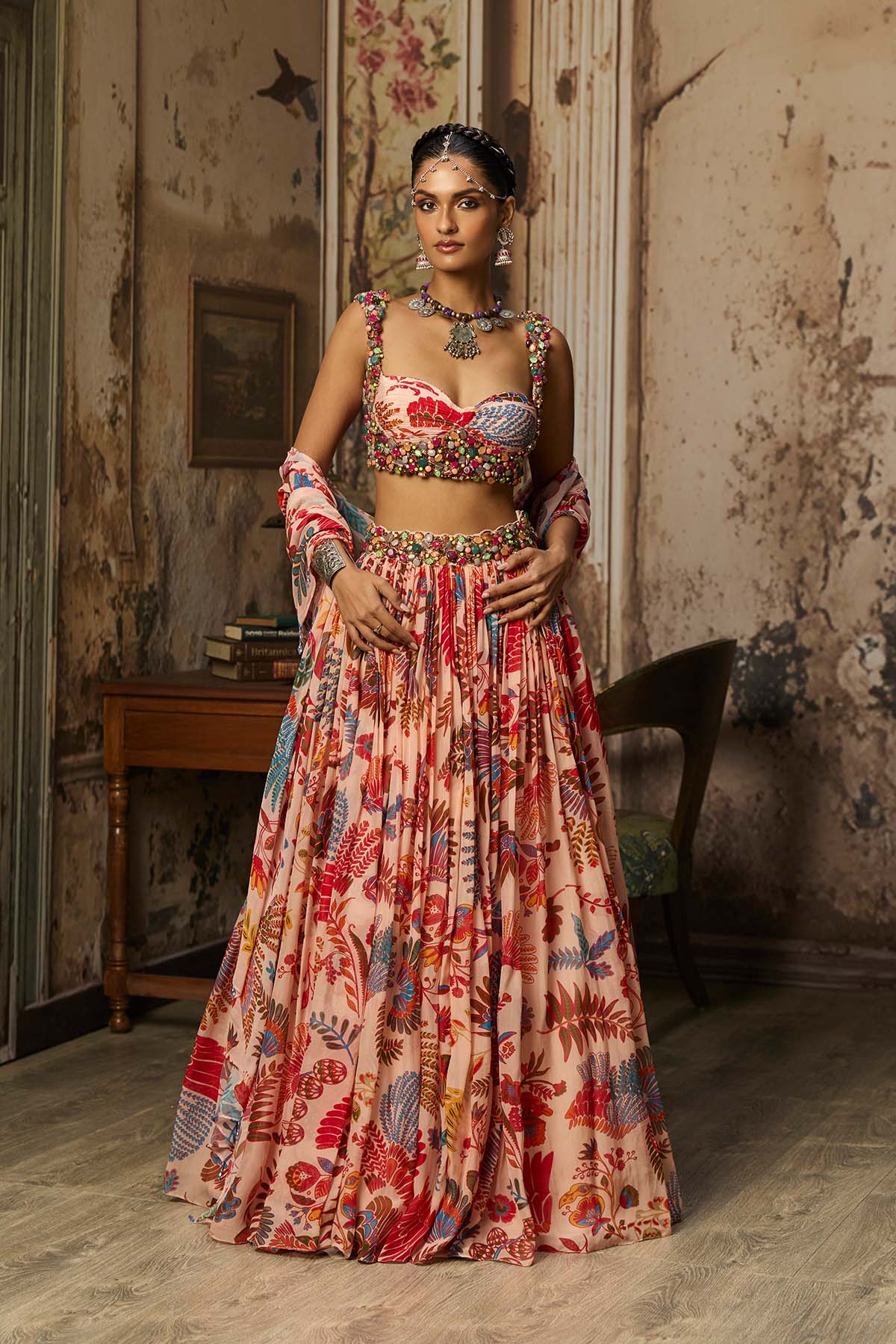 BLUSH PINK STONE EMBROIDERED BLOUSE WITH PRINTED LEHENGA SET