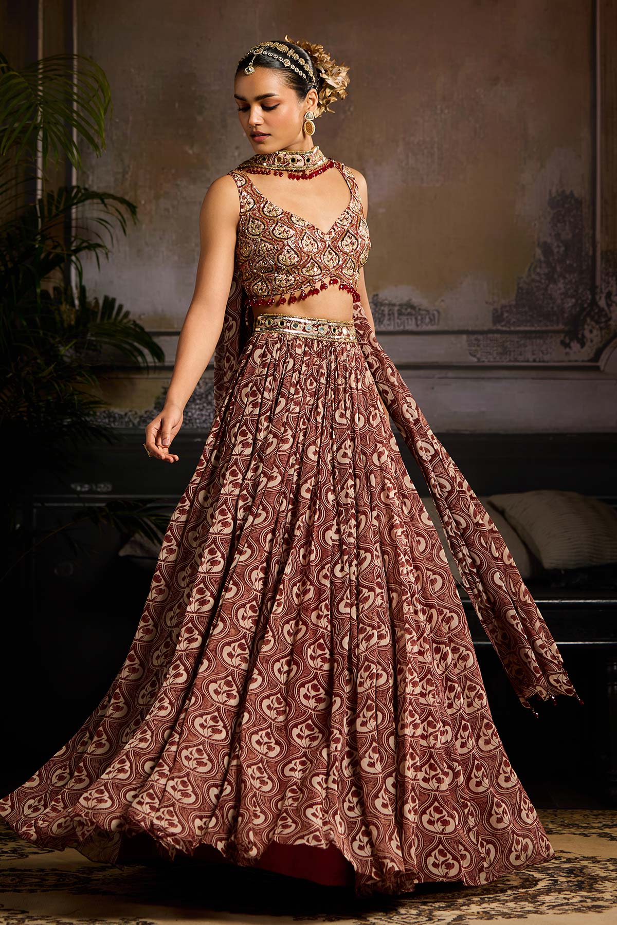 Maroon Print and Highlighted Lehenga Set
