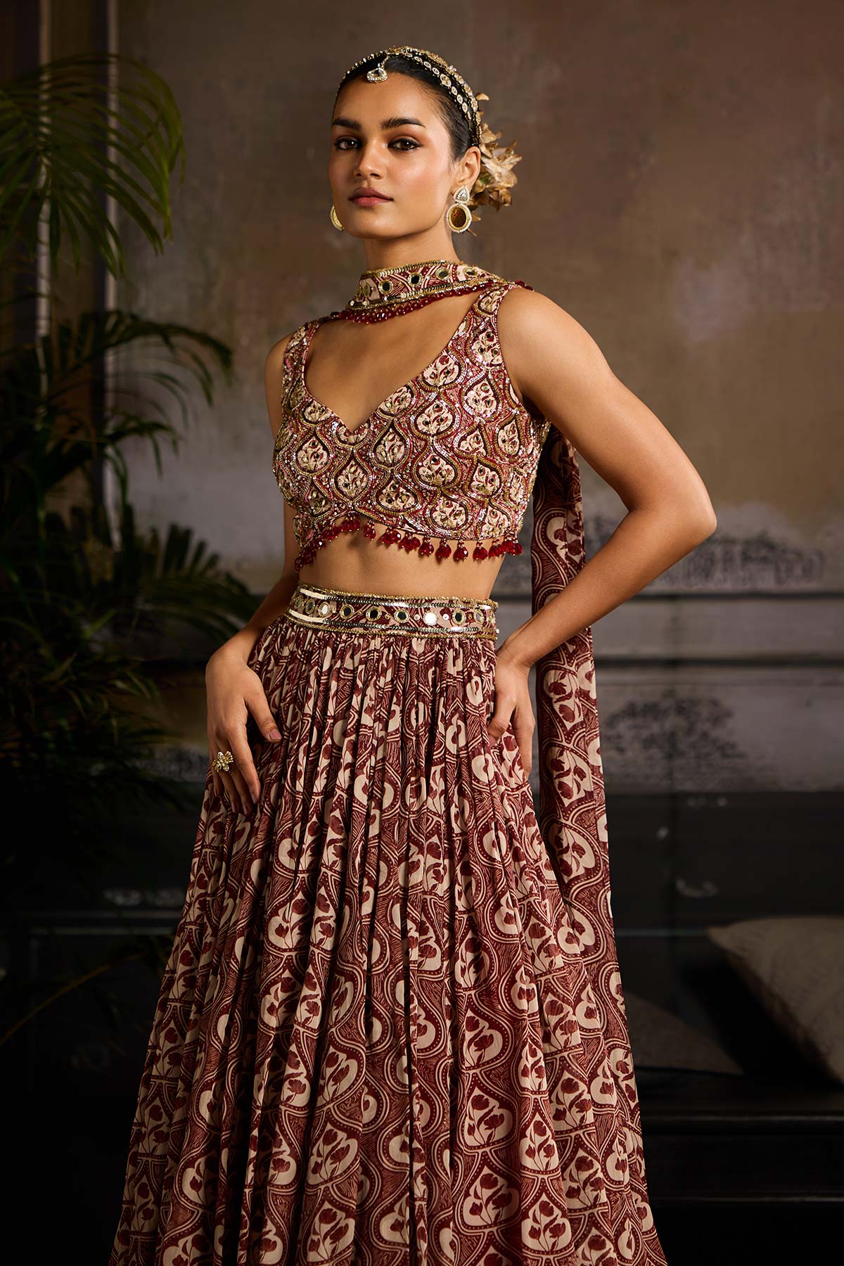 Maroon Print and Highlighted Lehenga Set