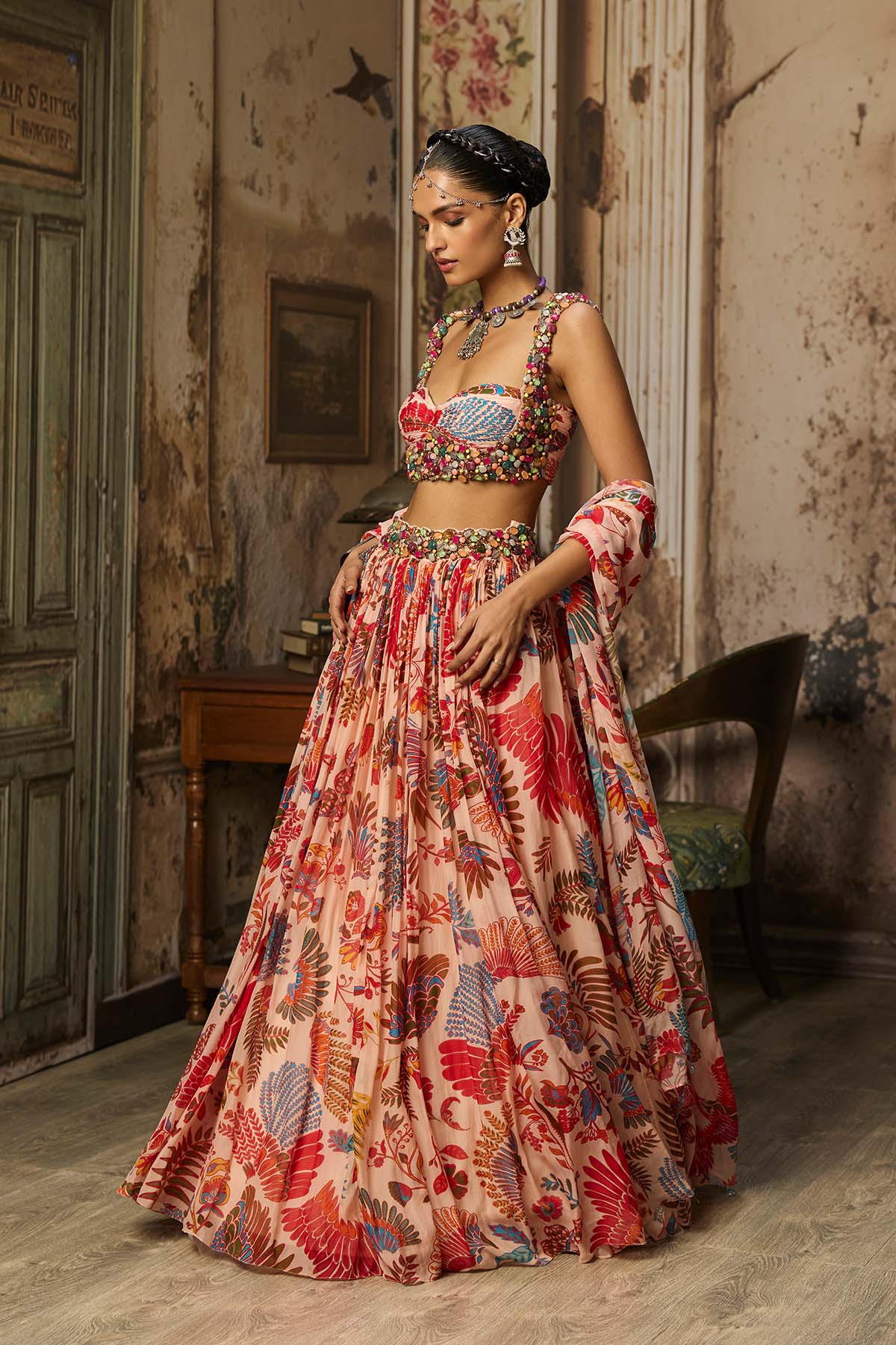 BLUSH PINK STONE EMBROIDERED BLOUSE WITH PRINTED LEHENGA SET