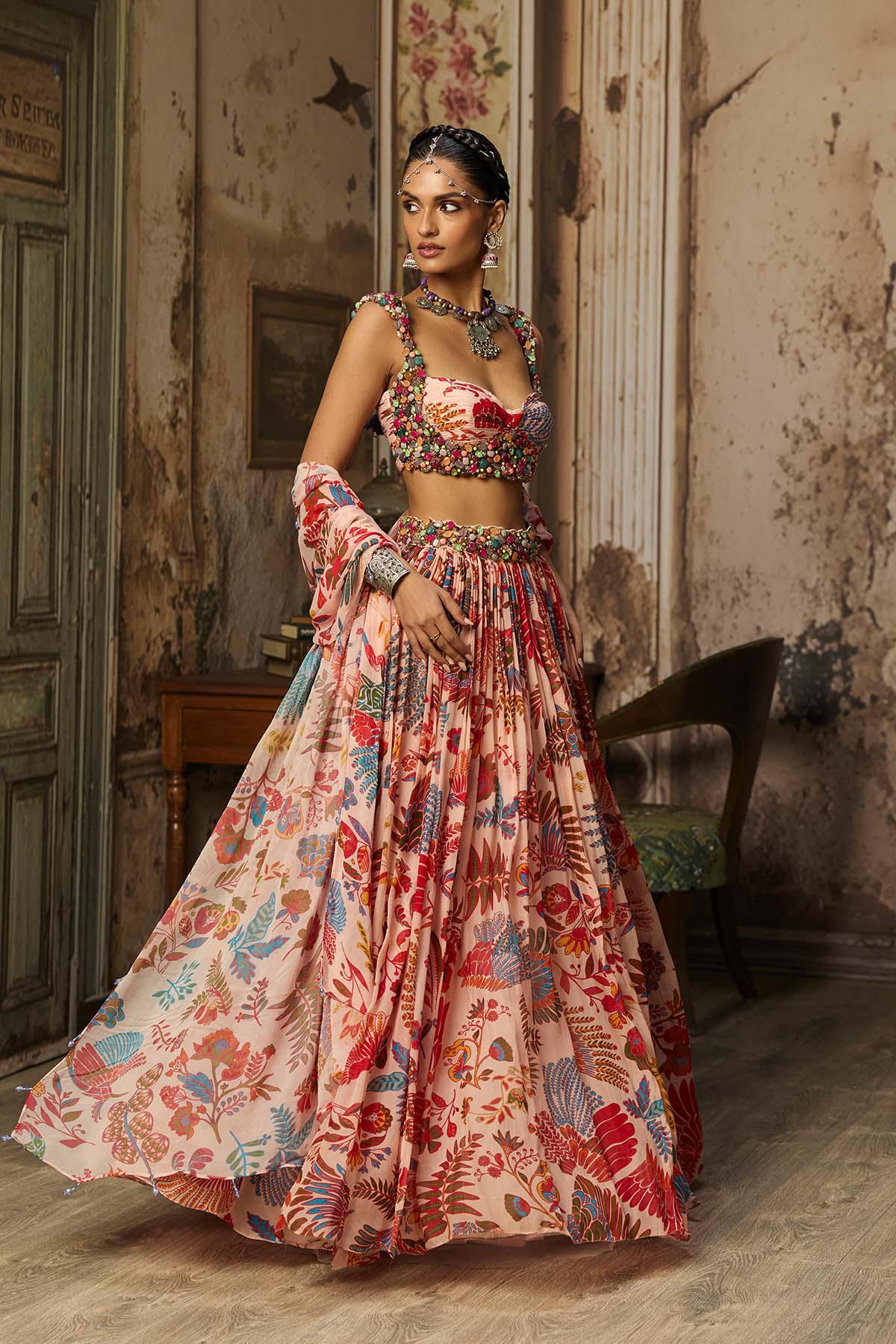 BLUSH PINK STONE EMBROIDERED BLOUSE WITH PRINTED LEHENGA SET