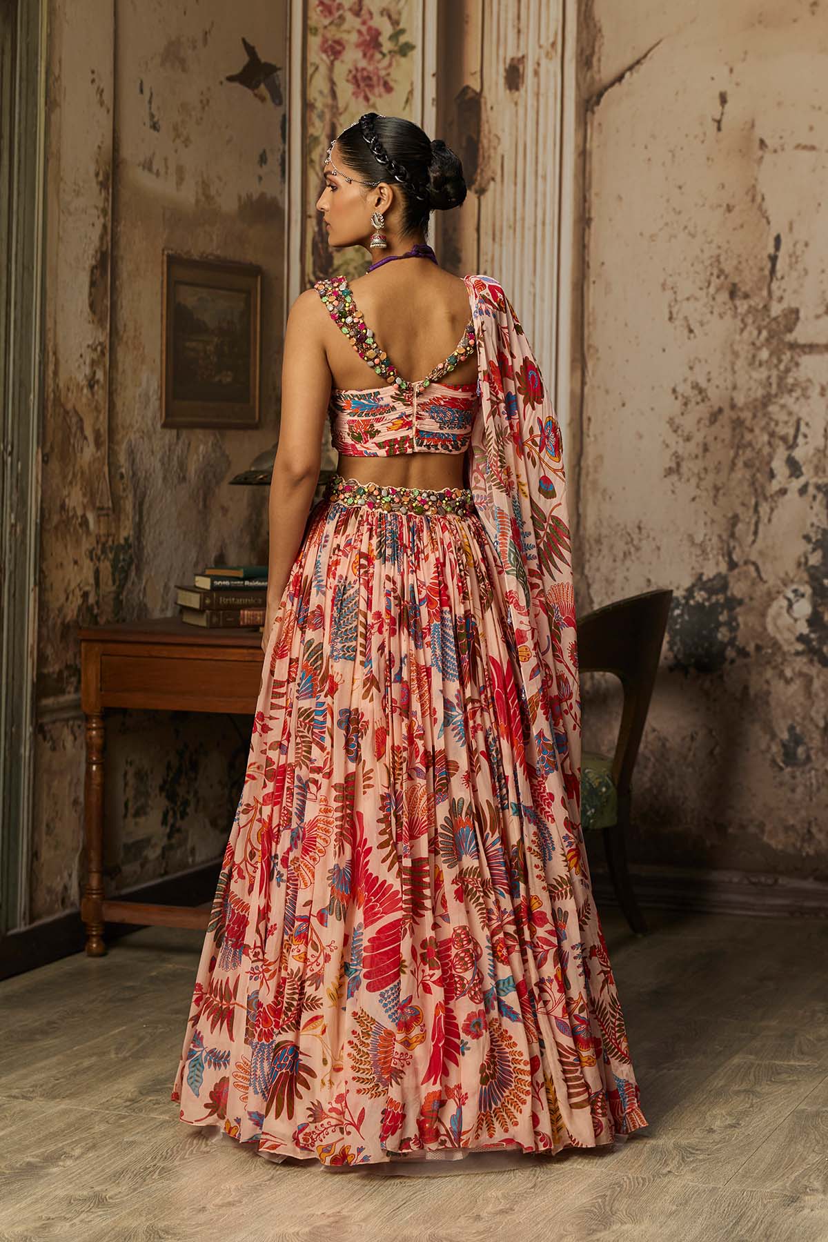BLUSH PINK STONE EMBROIDERED BLOUSE WITH PRINTED LEHENGA SET