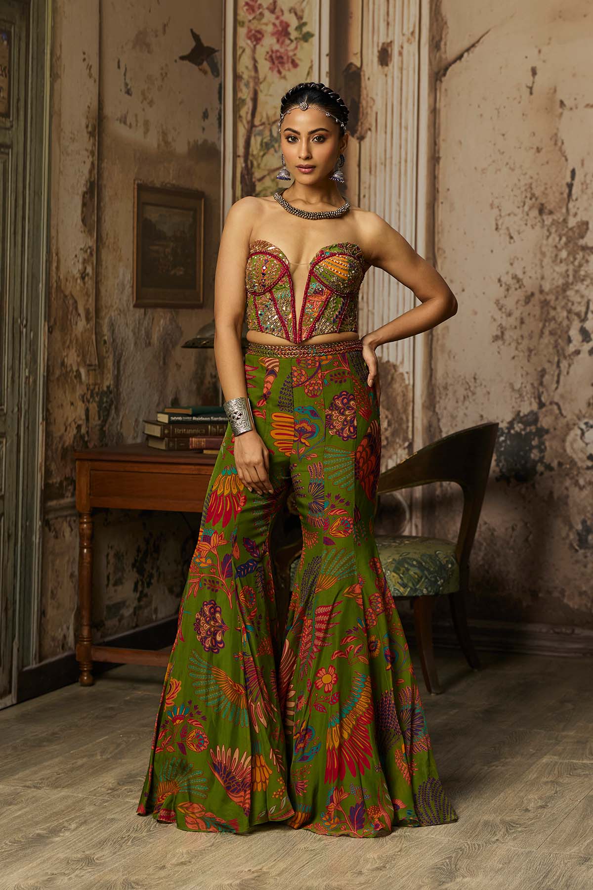 PEAR GREEN PRINTED HIGHLIGHTED BELL BOTTOM PANTS SET