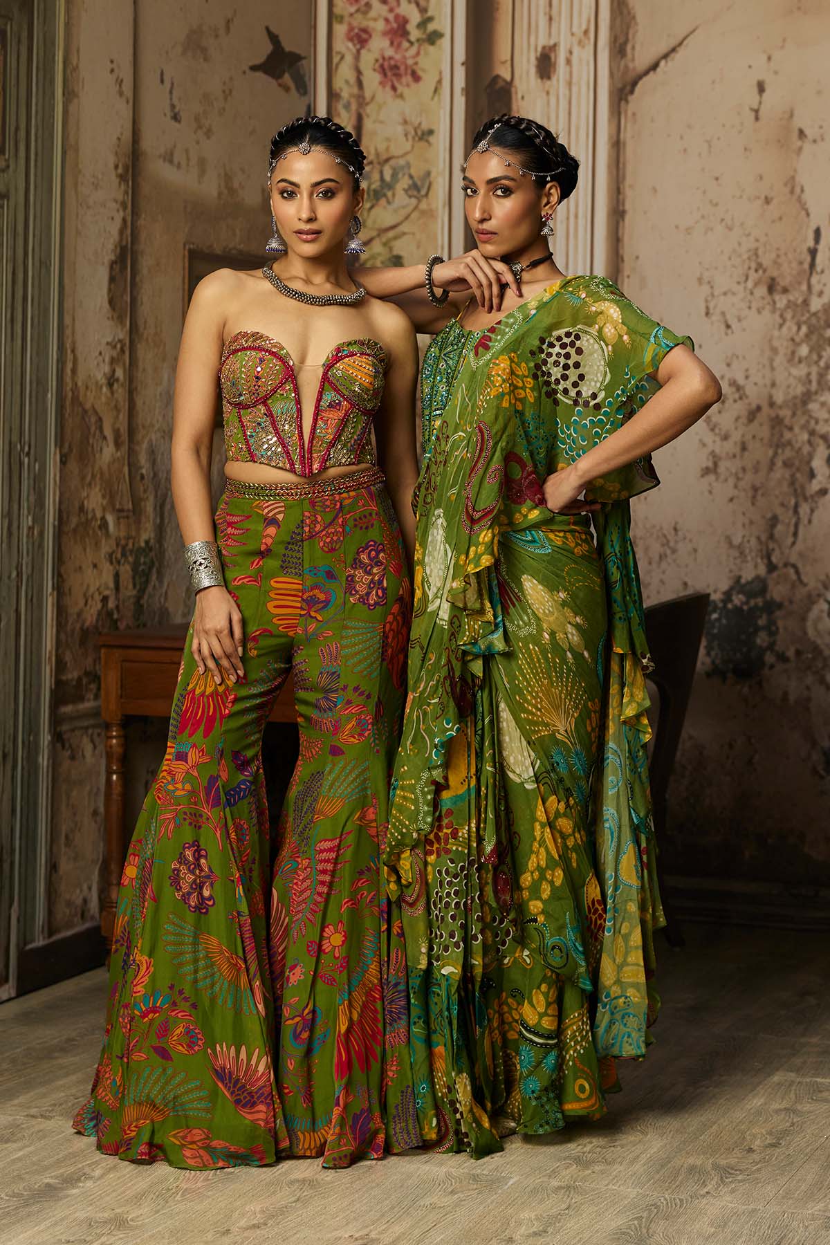 PEAR GREEN PRINTED HIGHLIGHTED BELL BOTTOM PANTS SET