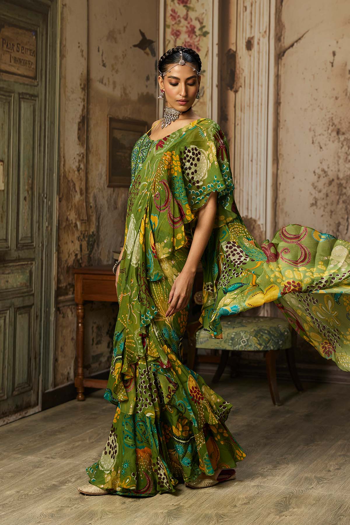 PEAR GREEN PRINTED AND HIGHLIGHTED RUFFLE SKIRT SAREE SET