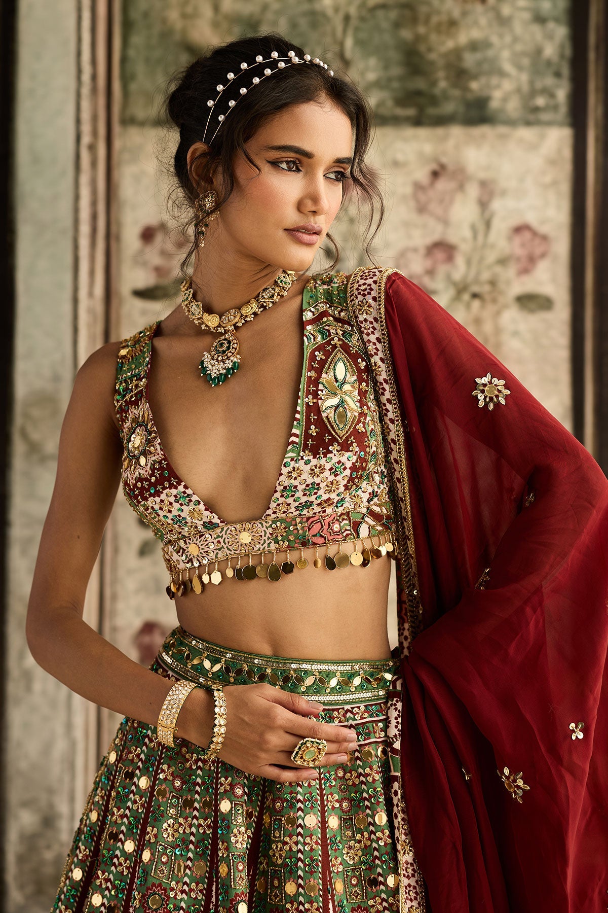 Sage-Maroon Print And Highlighted Lehenga Set