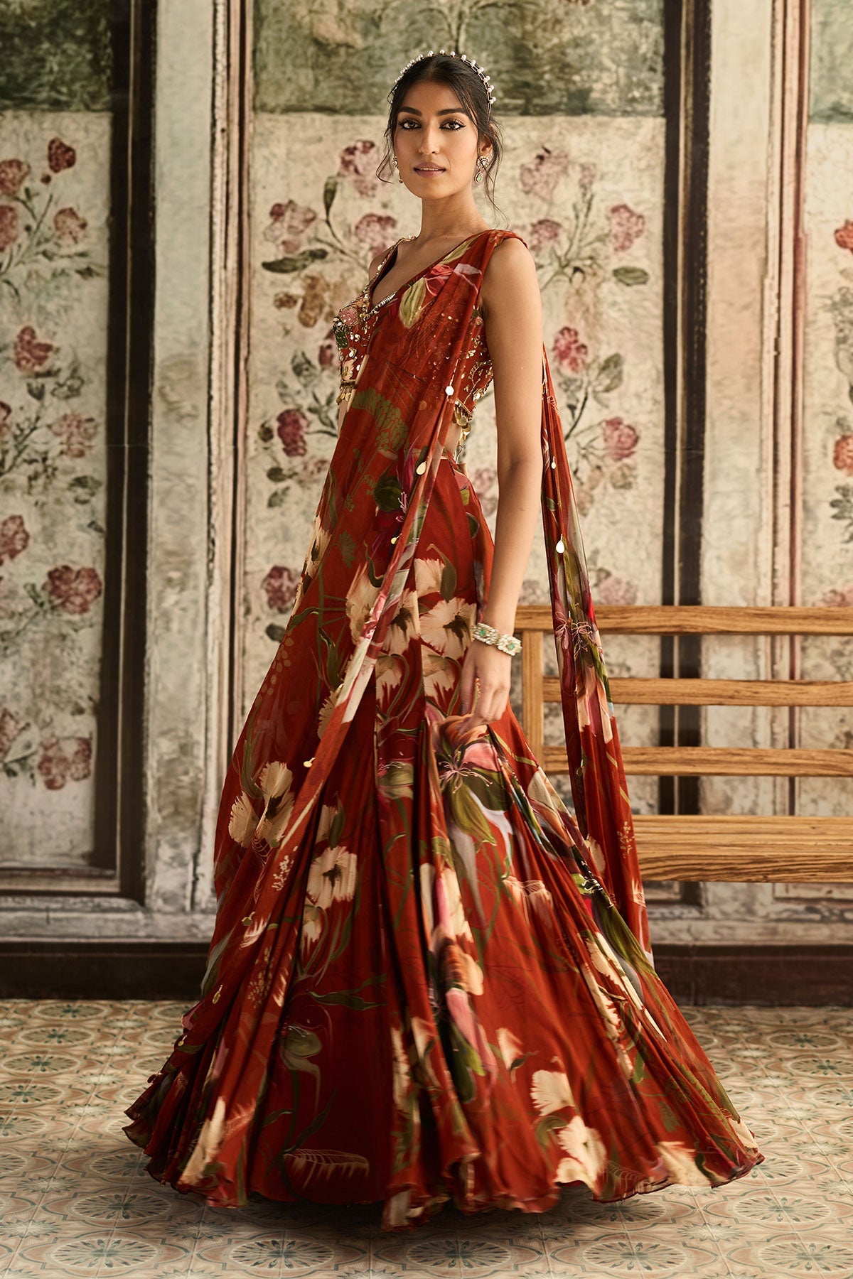 Rust Floral Print And Highlighted Mermaid Saree Set