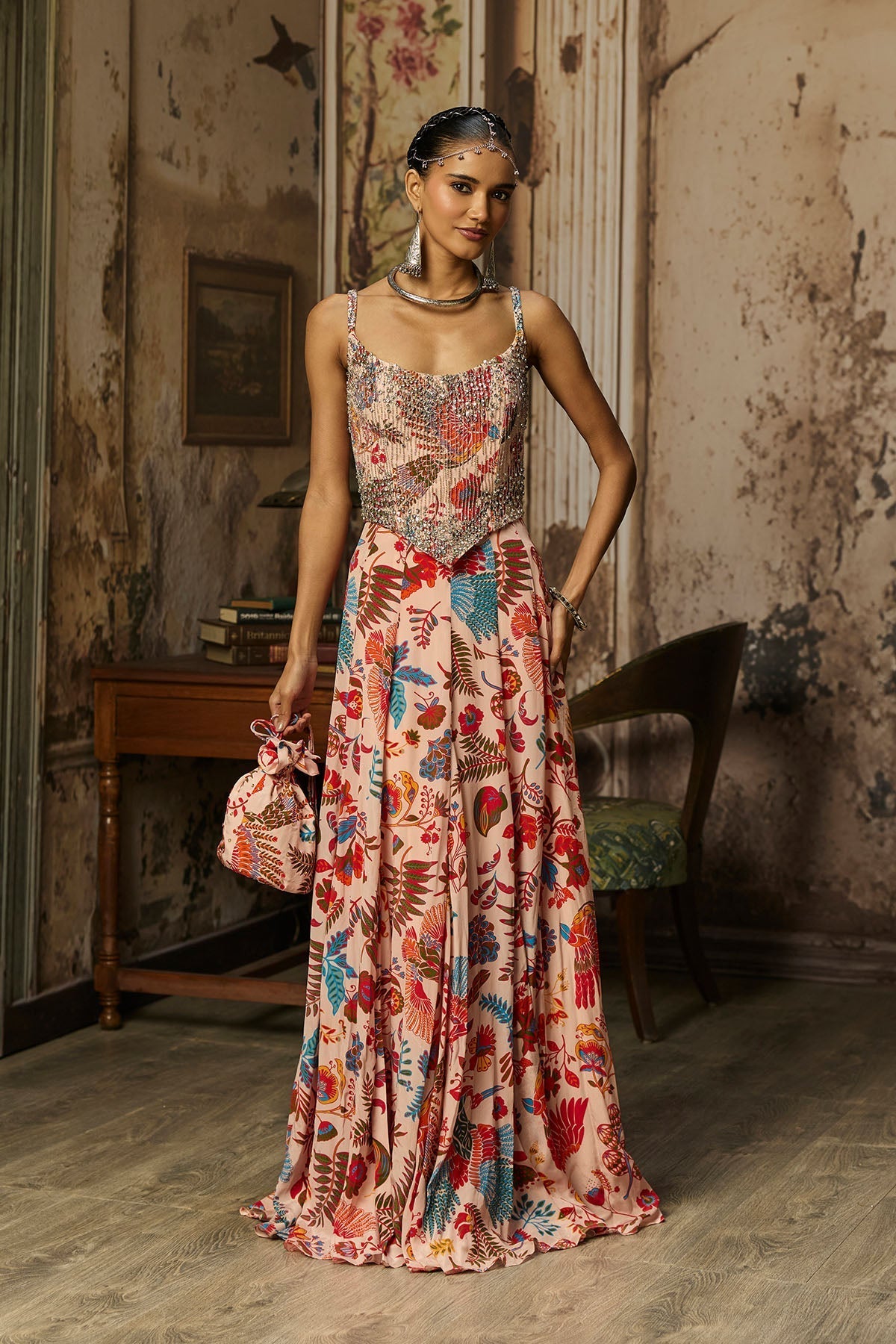 Blush Pink Printed And Highlighted Corset Gown - Ready To Ship