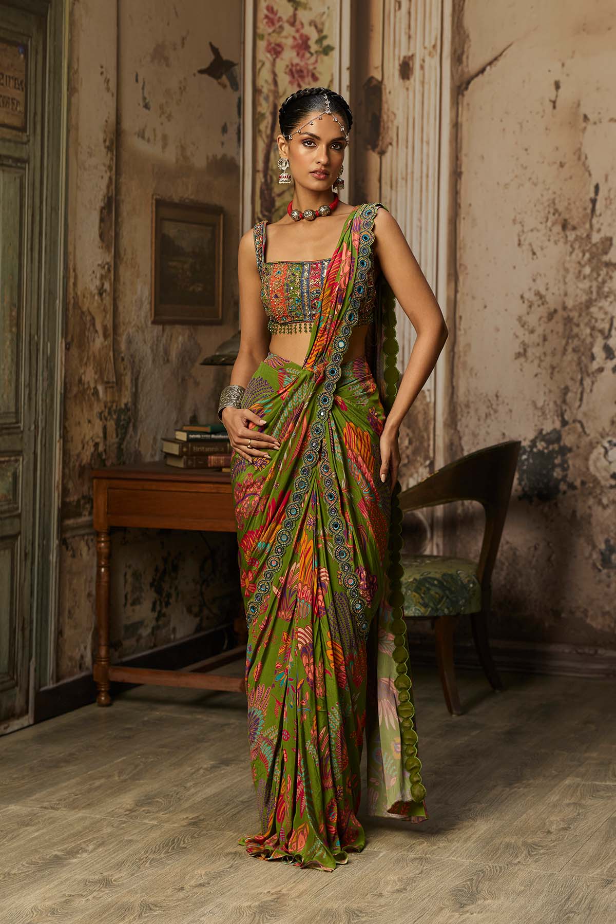 PEAR GREEN PRINTED AND HIGHLIGHTED DHOTI SKIRT SAREE SET