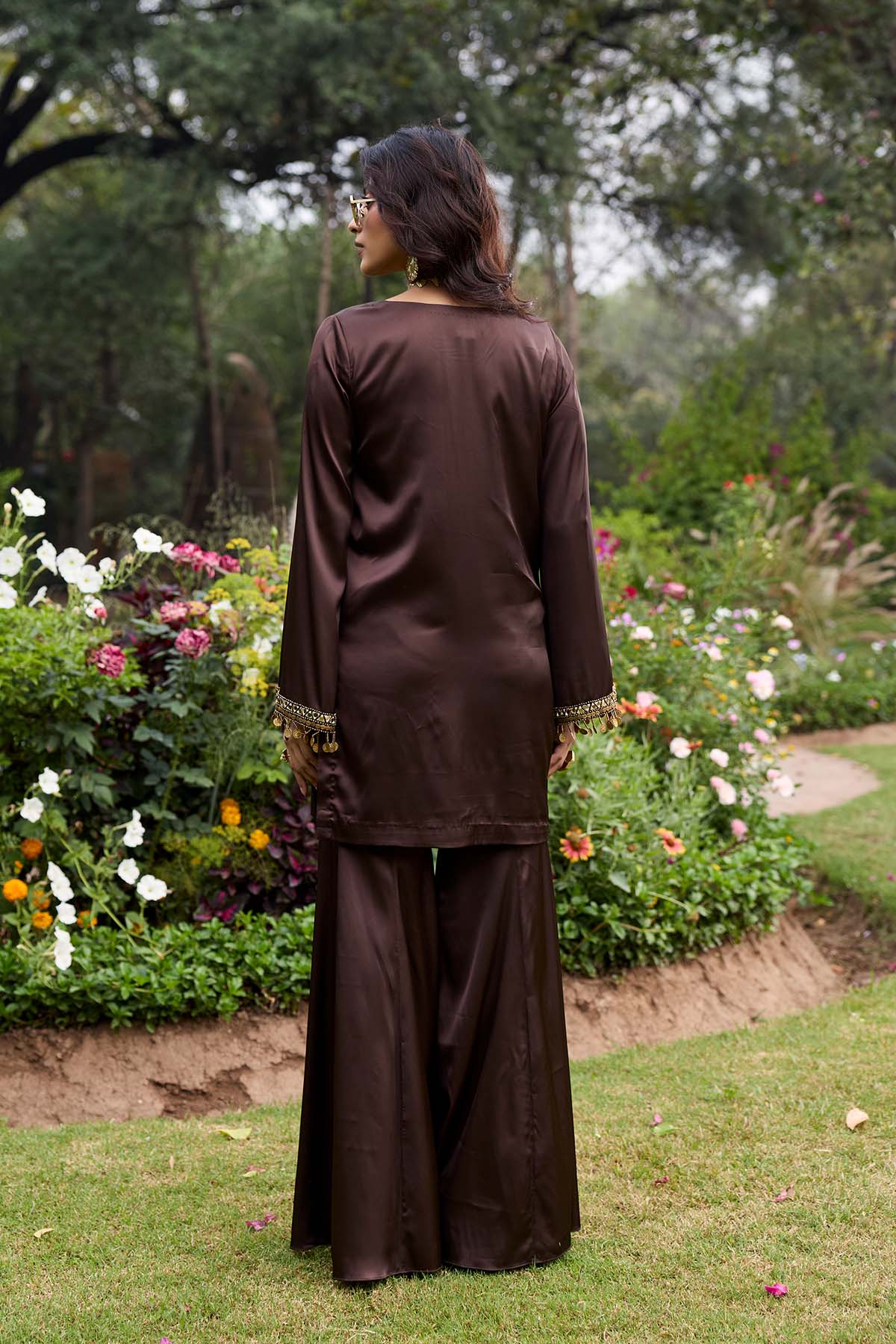 Mocha Brown Embroidered Satin Kurti Set