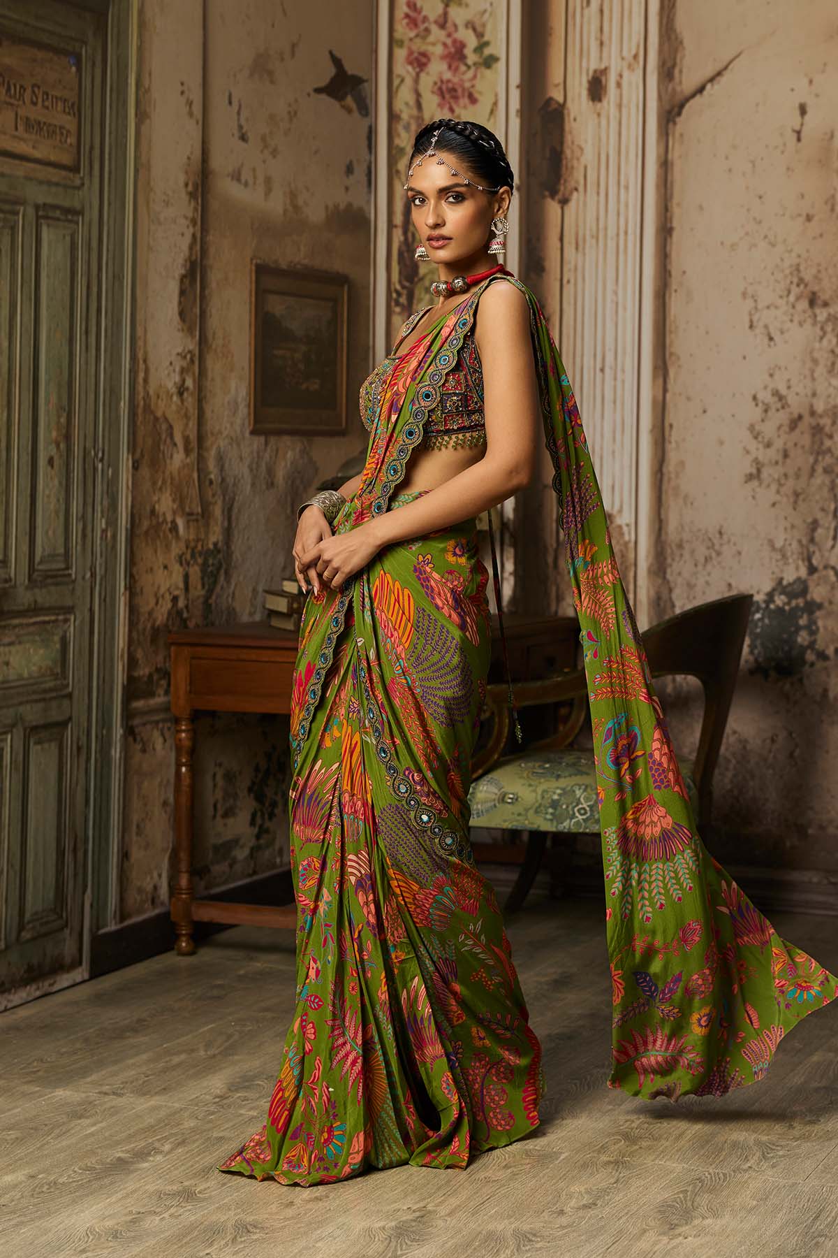 PEAR GREEN PRINTED AND HIGHLIGHTED DHOTI SKIRT SAREE SET