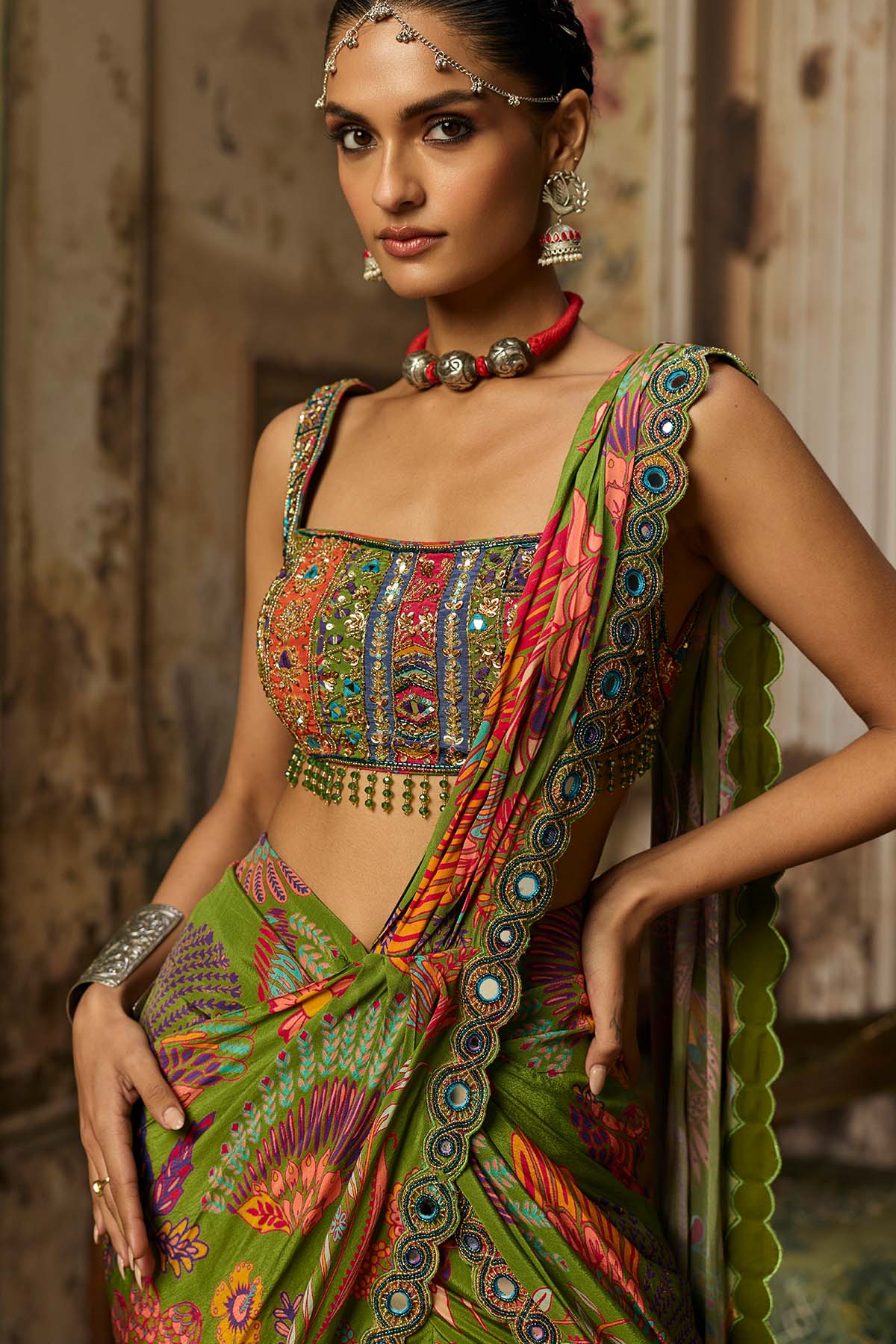 PEAR GREEN PRINTED AND HIGHLIGHTED DHOTI SKIRT SAREE SET