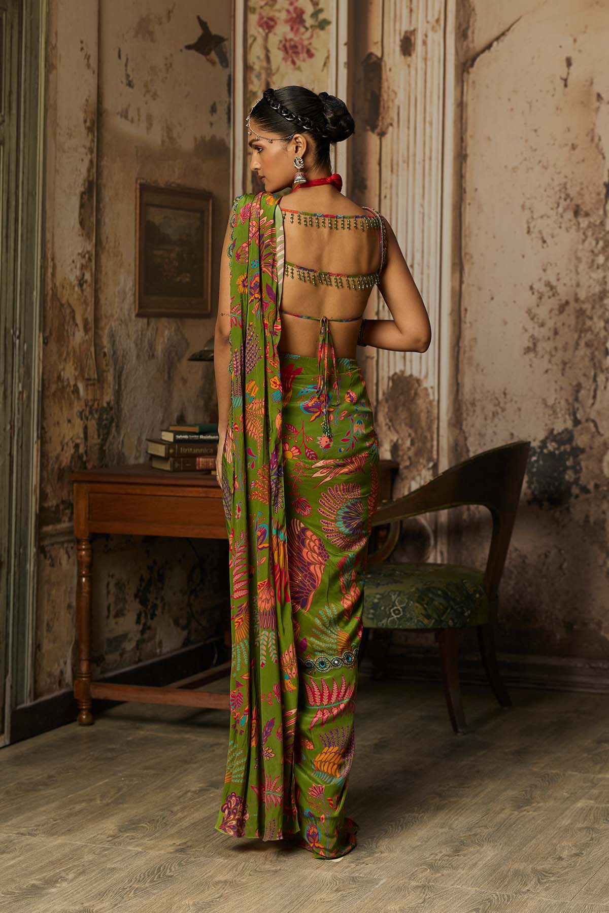 PEAR GREEN PRINTED AND HIGHLIGHTED DHOTI SKIRT SAREE SET