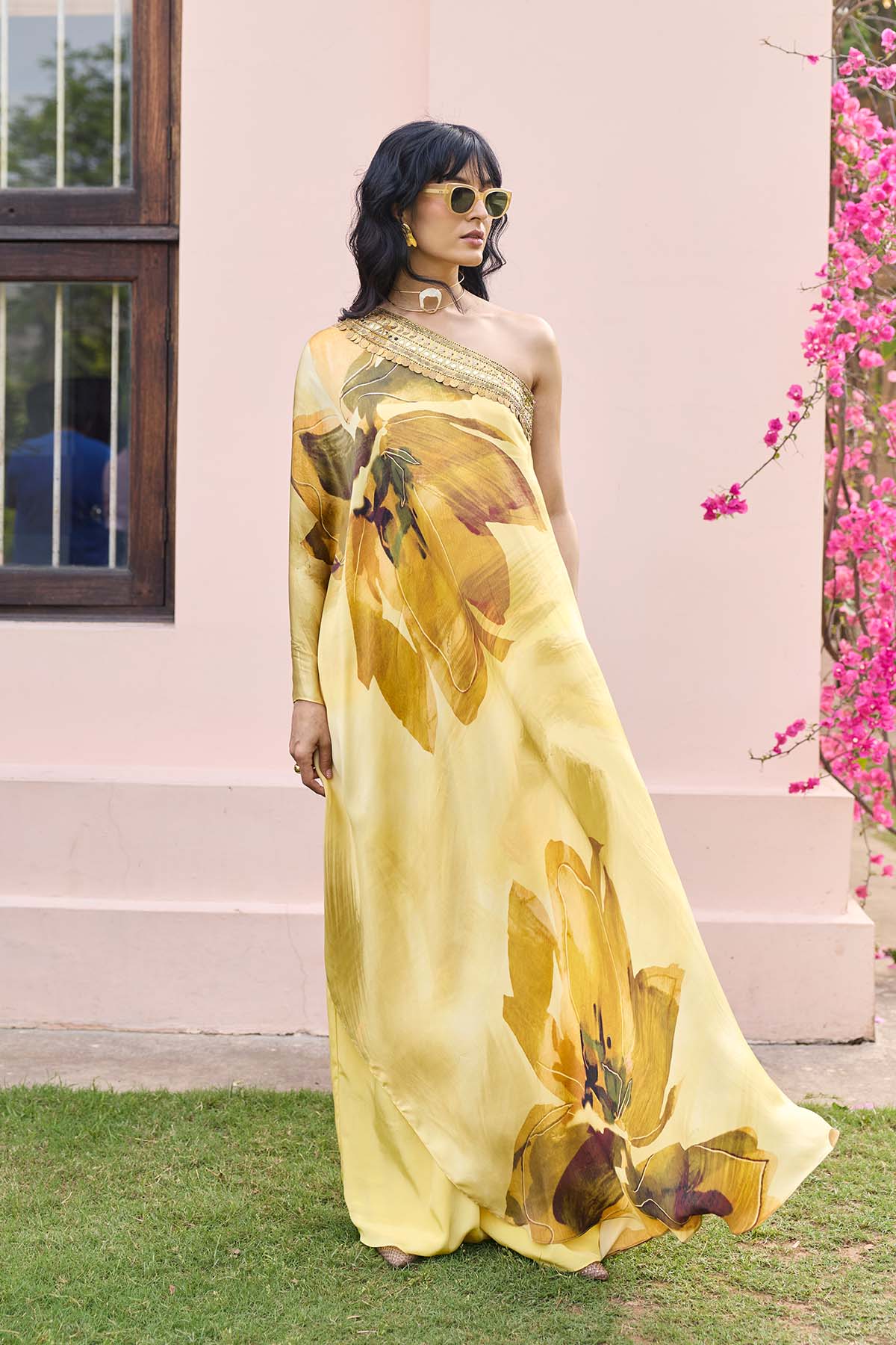 Butter Yellow Floral, One Shoulder Kaftan Set