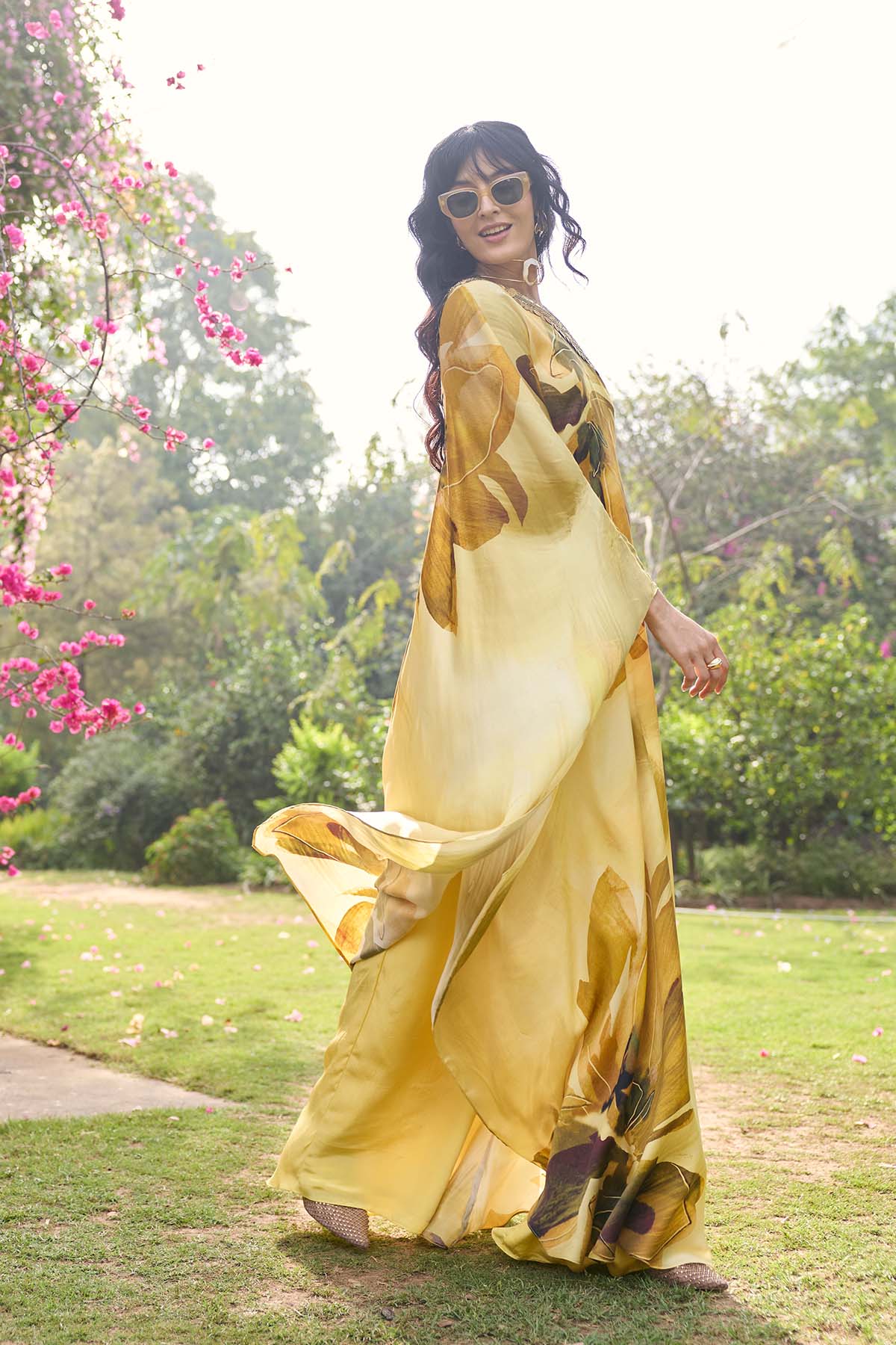Butter Yellow Floral, One Shoulder Kaftan Set
