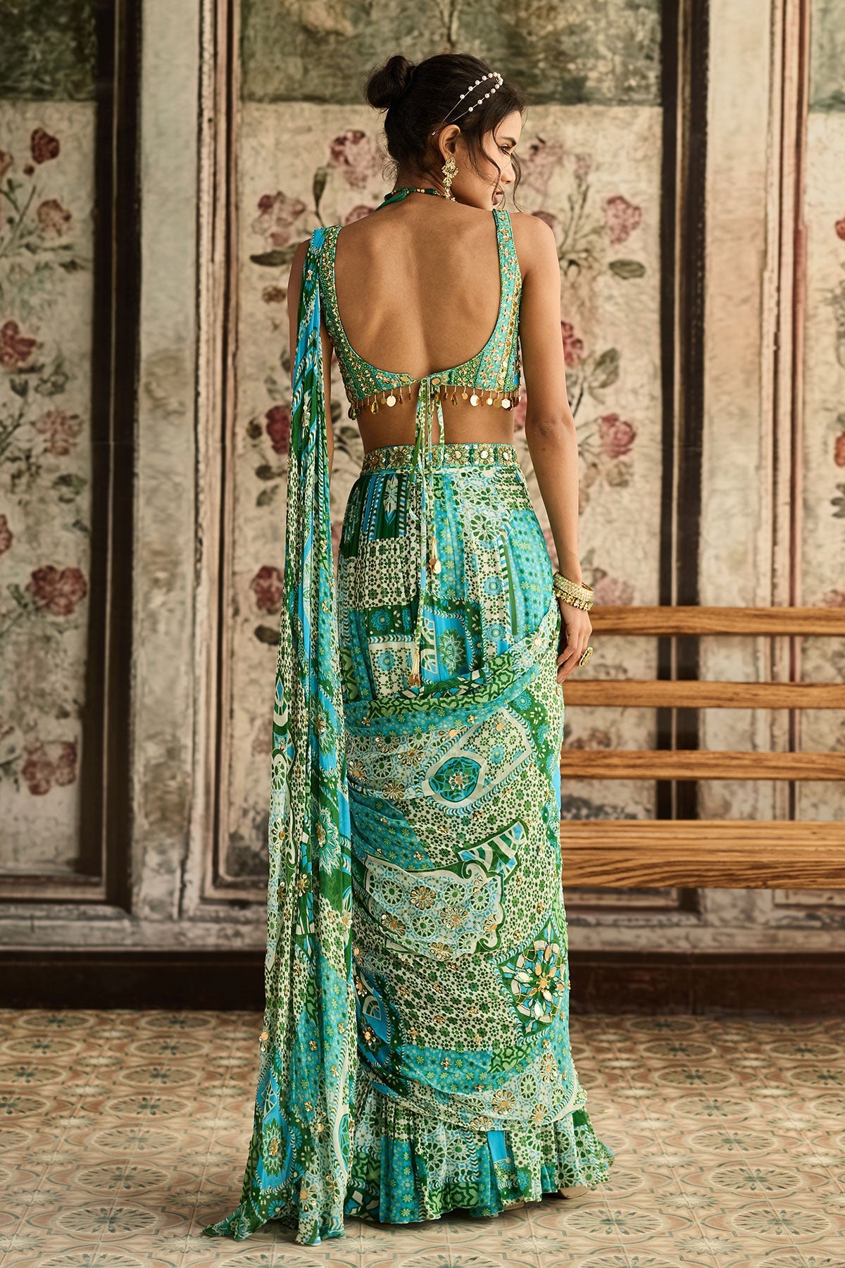 Aqua Print And Highlighted Tiered Saree Set