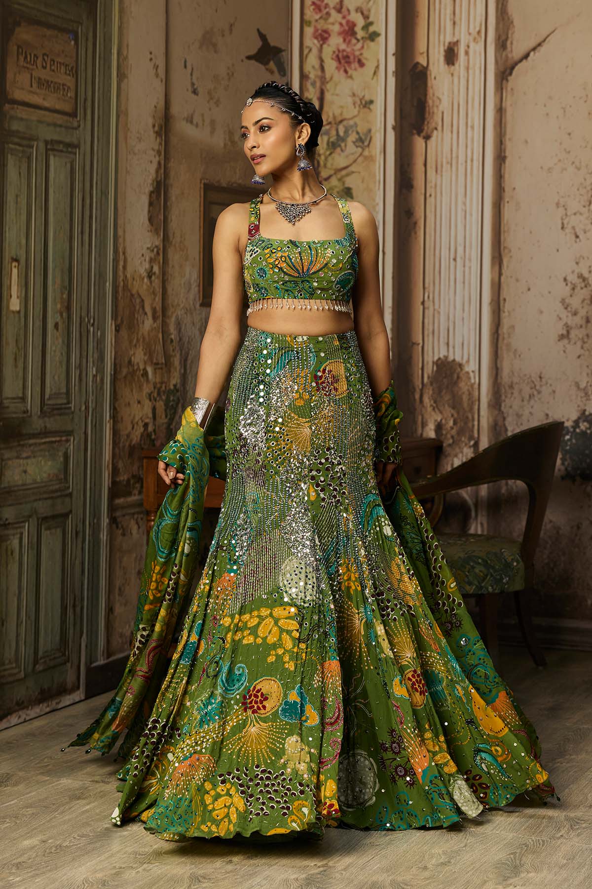 PEAR GREEN PRINTED AND HIGHLIGHTED MERMAID SKIRT SET