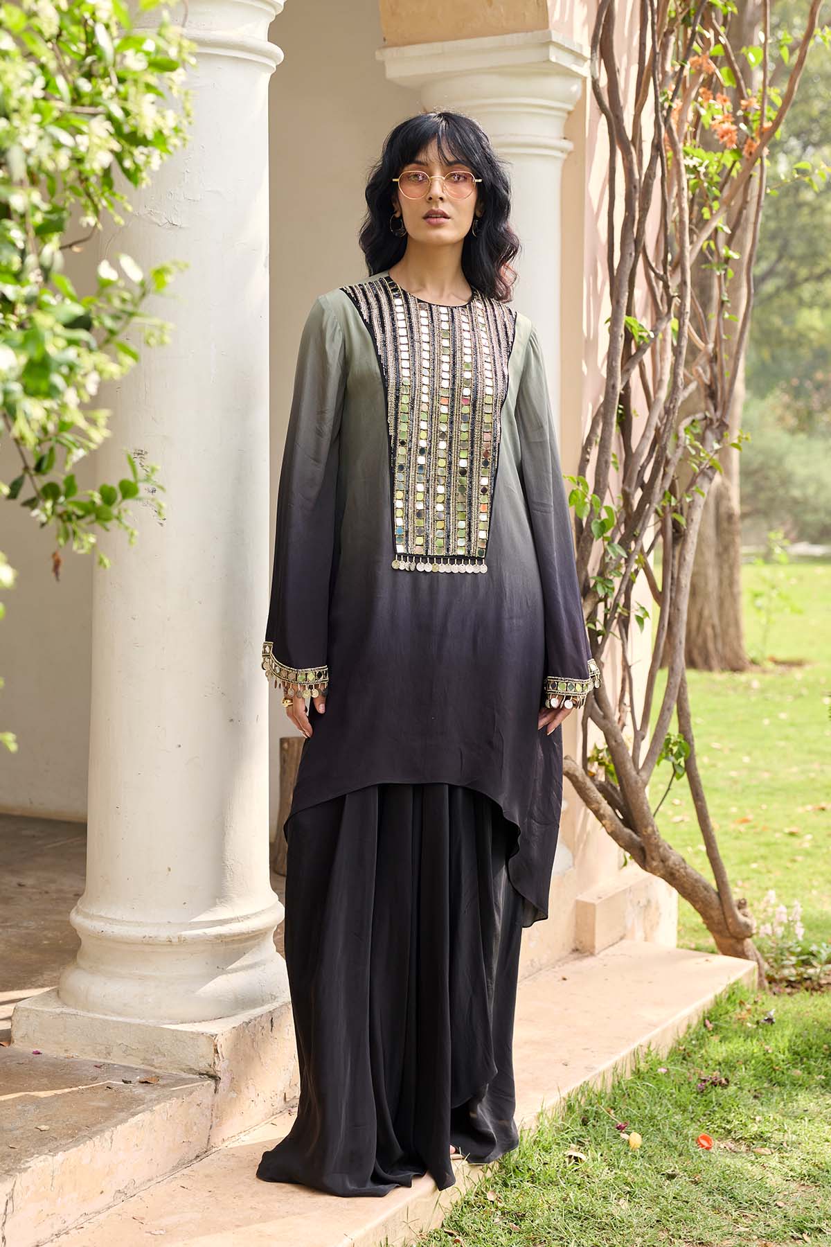 Black - Grey Ombre Embroidered Kurti Set