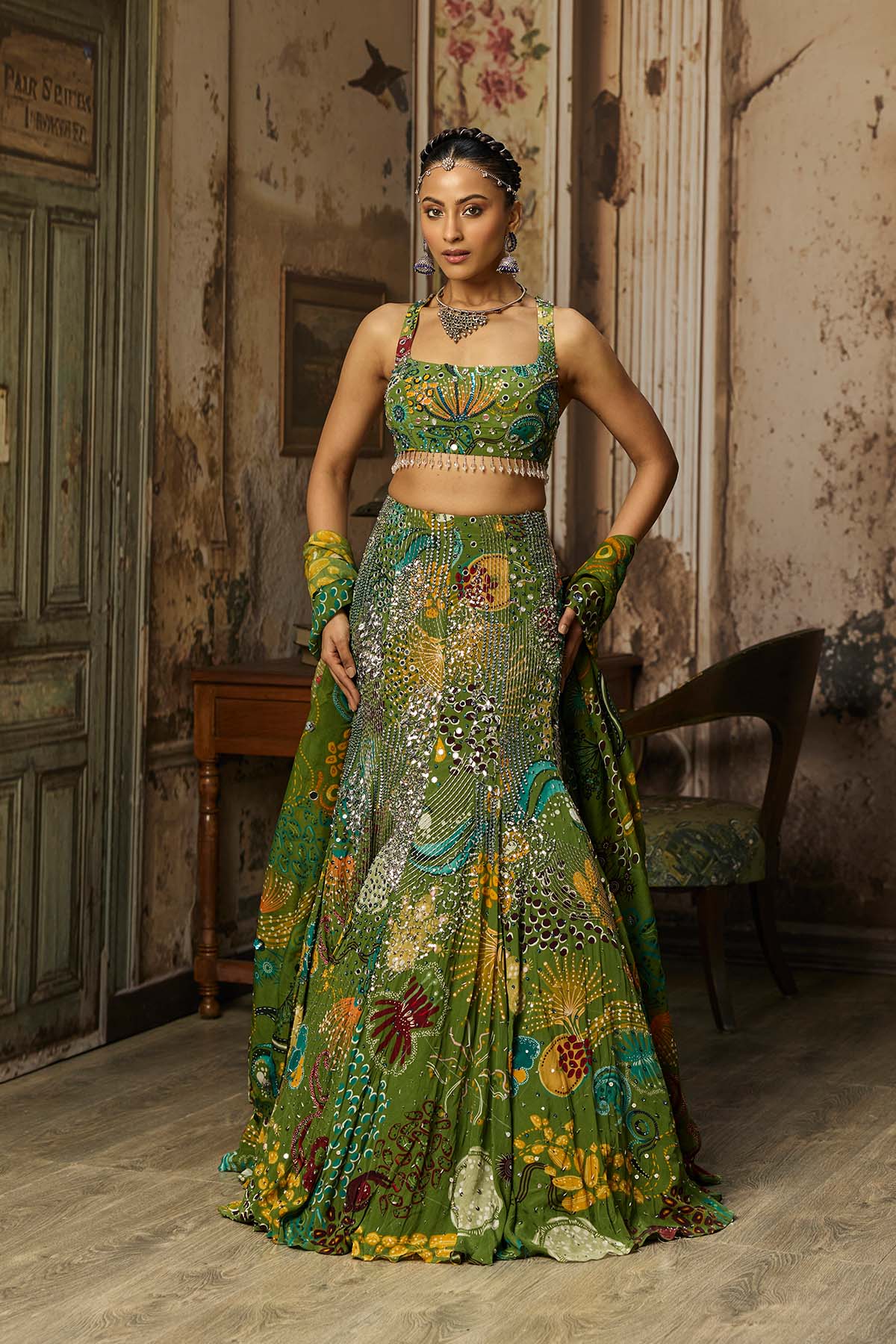 PEAR GREEN PRINTED AND HIGHLIGHTED MERMAID SKIRT SET