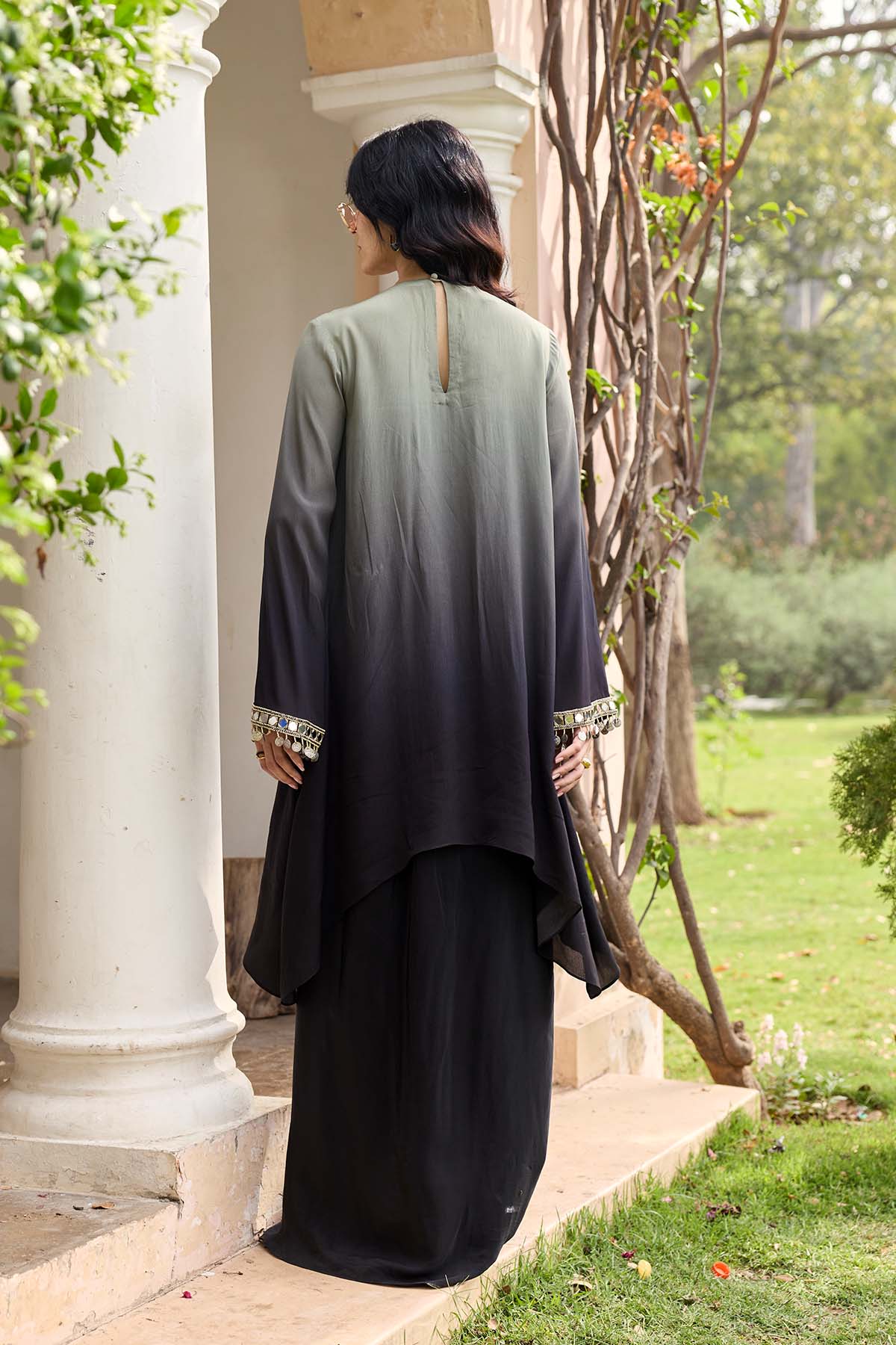 Black - Grey Ombre Embroidered Kurti Set
