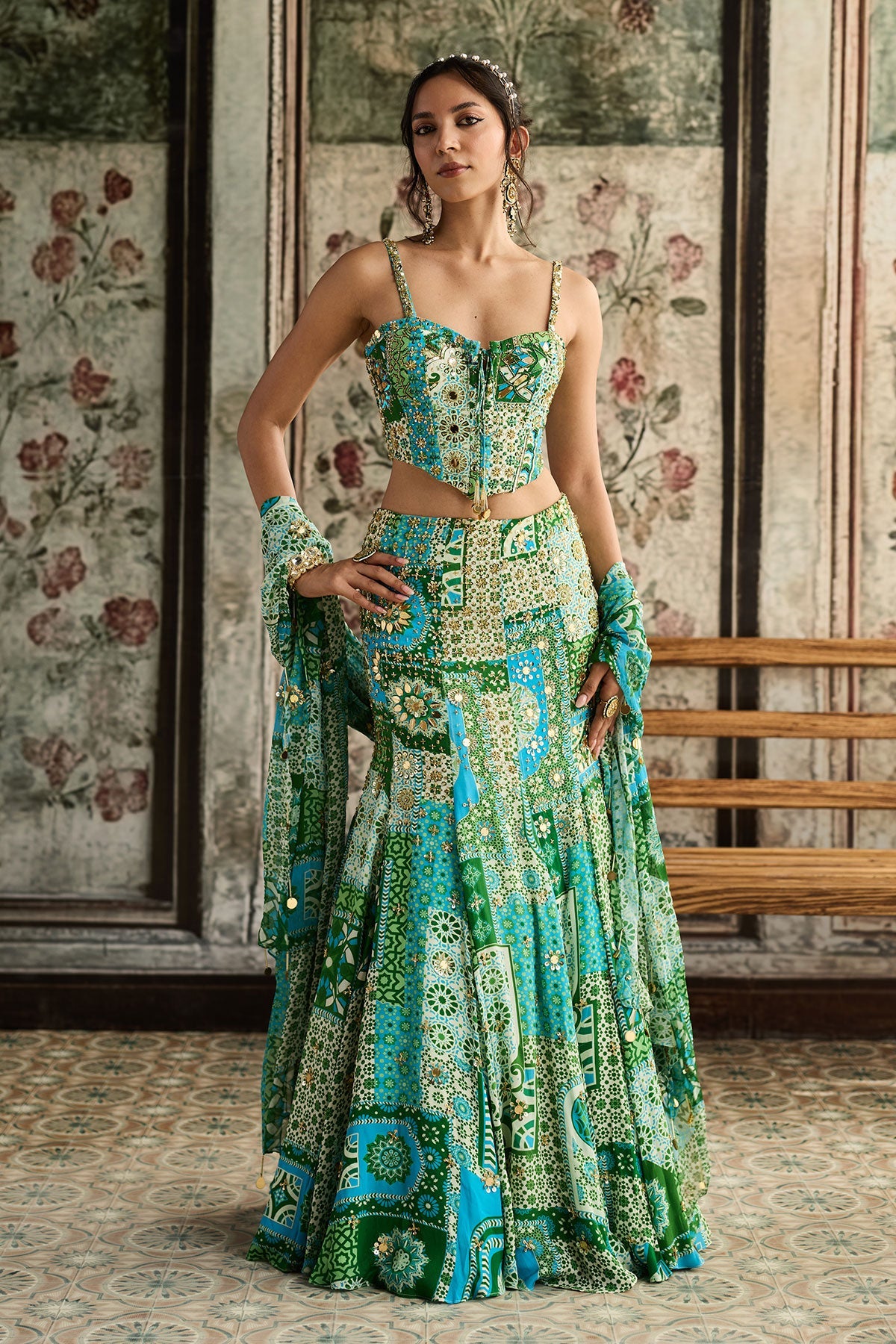 Aqua Print And Highlighted Corset Mermaid Skirt Set