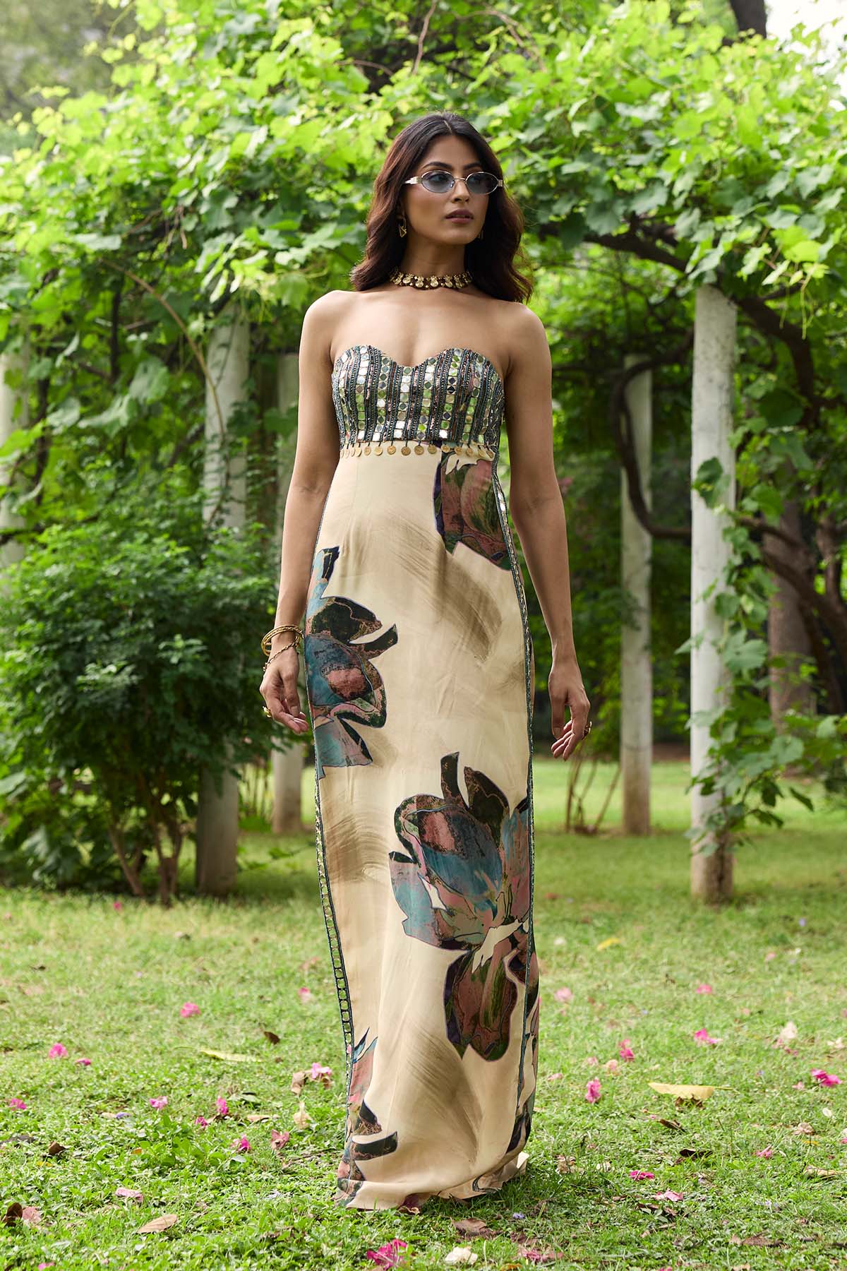 Beige Floral Slit Dress