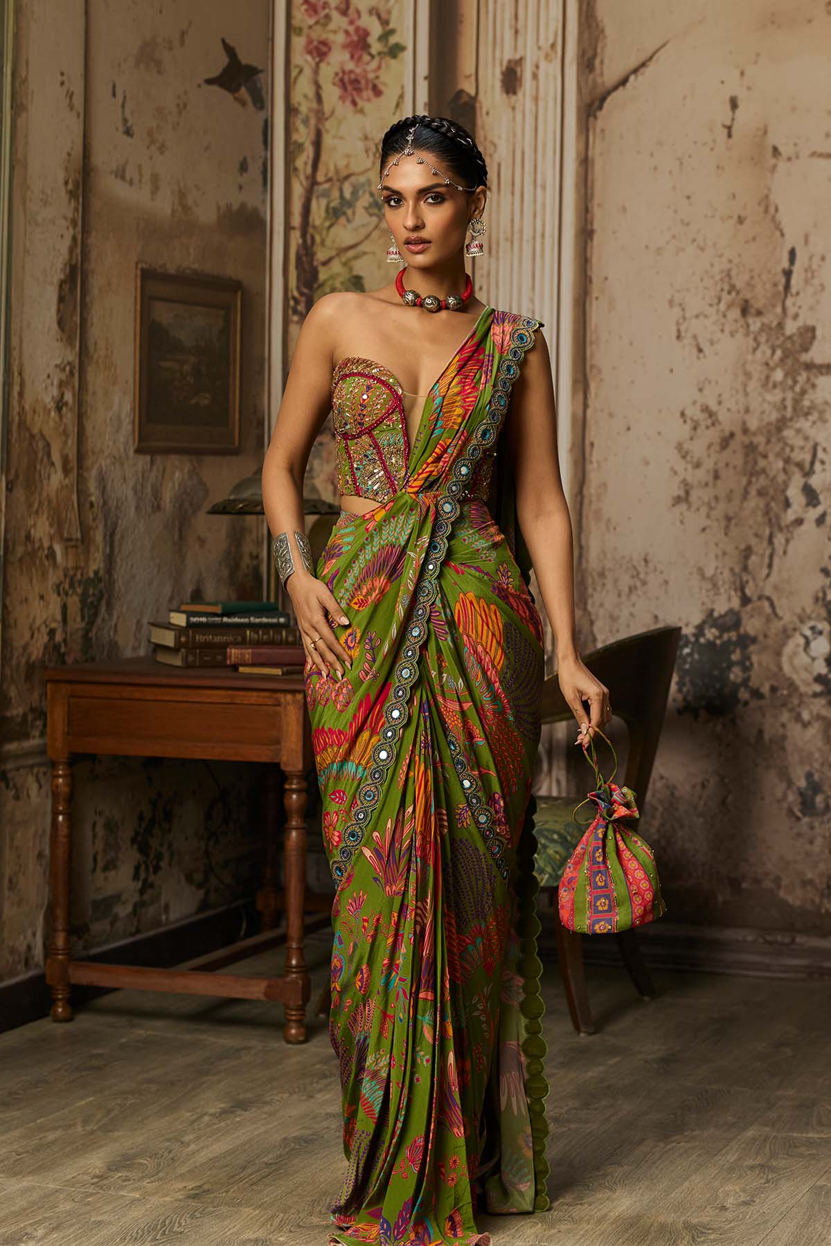 PEAR GREEN PRINTED AND HIGHLIGHTED DHOTI SKIRT SAREE SET