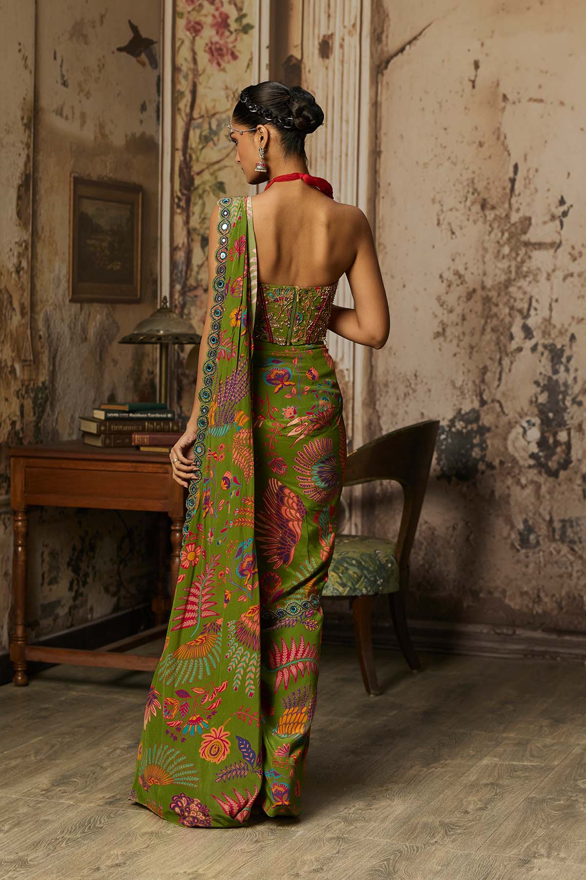 PEAR GREEN PRINTED AND HIGHLIGHTED DHOTI SKIRT SAREE SET