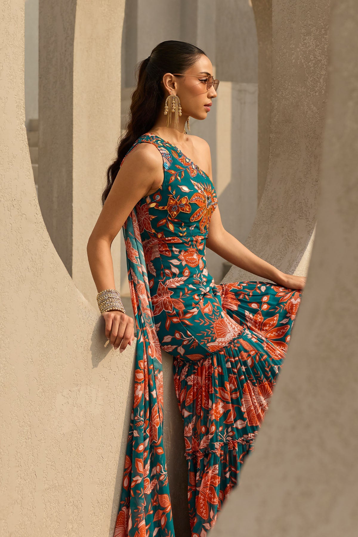 TEAL & RUST FLORAL PRINTED JUMPSUIT